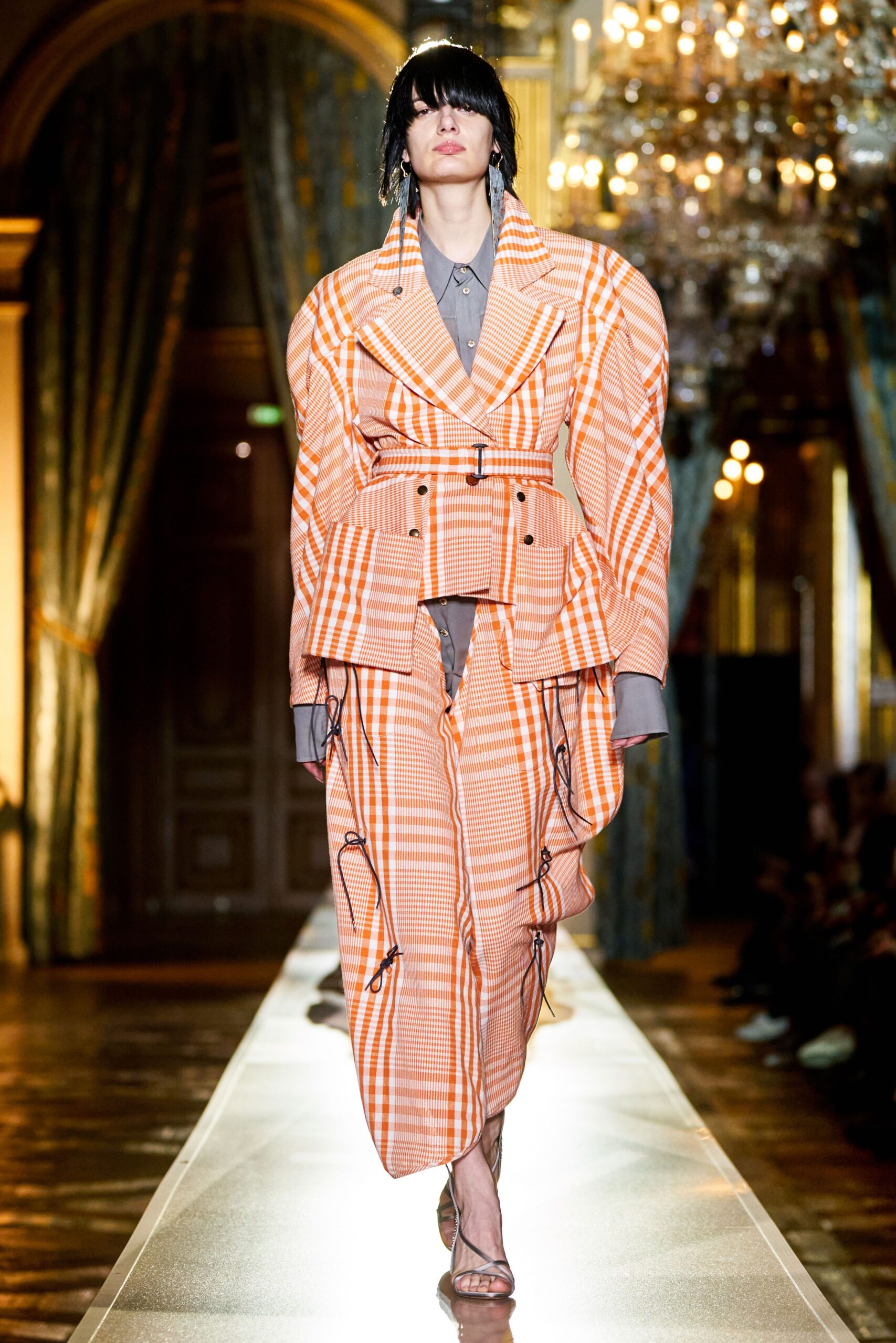 orange checked blazer and dress