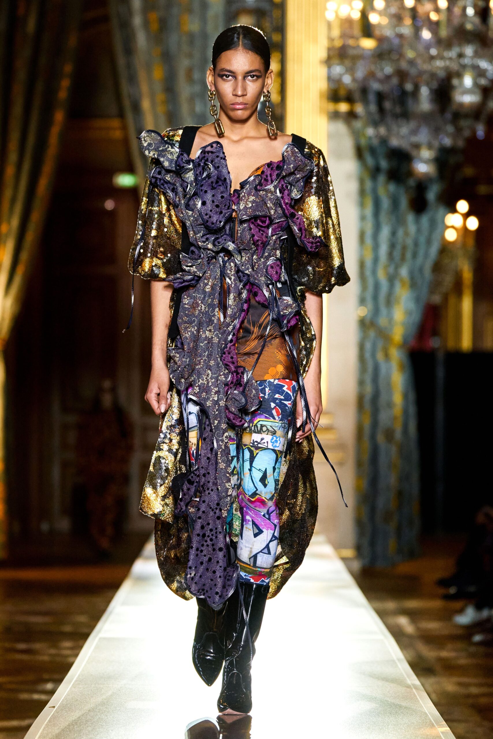 gold and purple ruffled dress