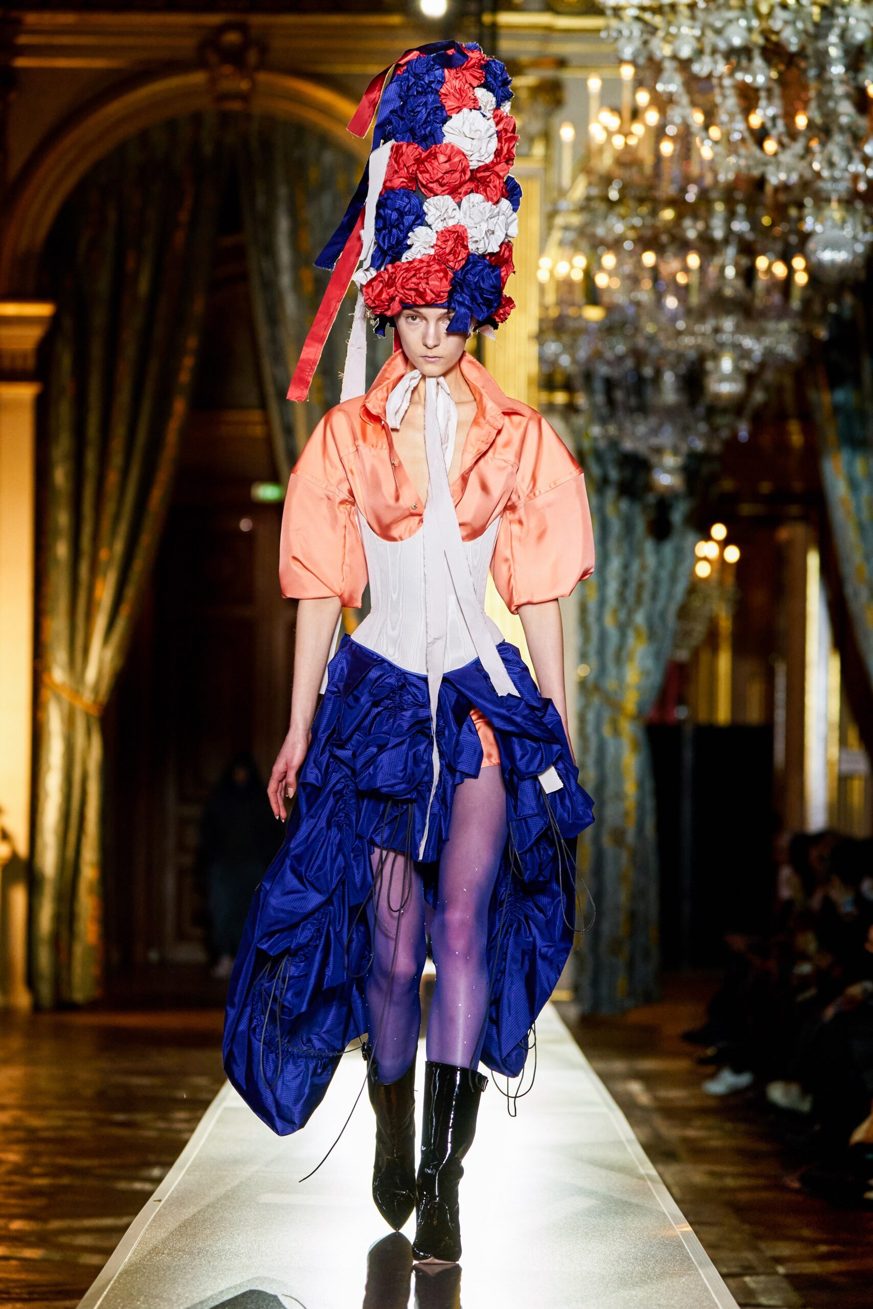 white corset orange top blue skirt