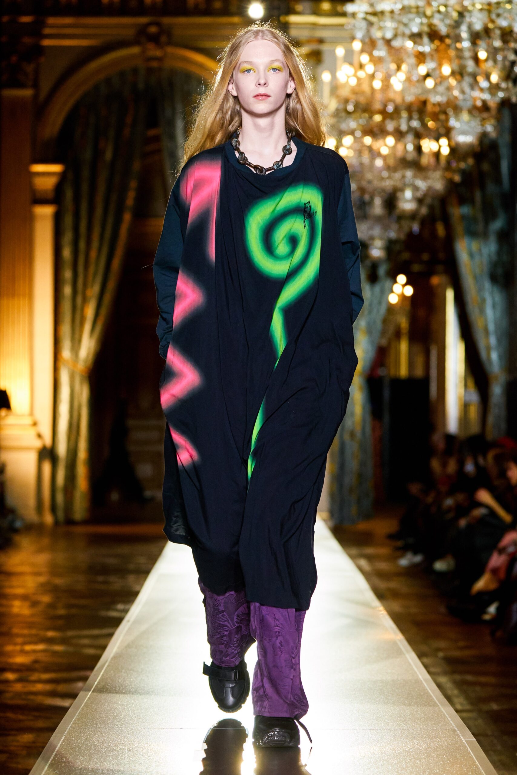 black relaxed midi dress with purple boots