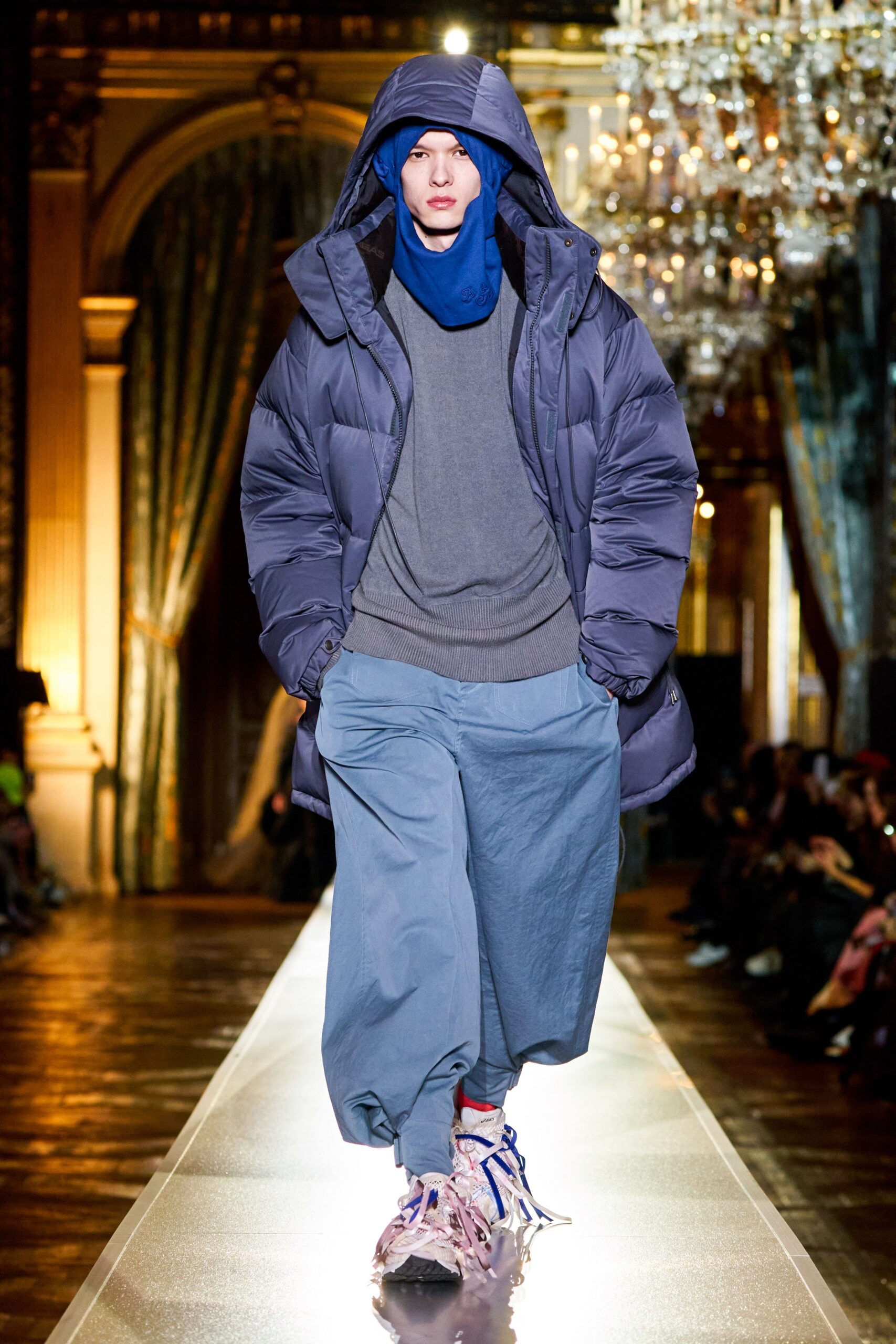 oversized blue jacket with relaxed sweater