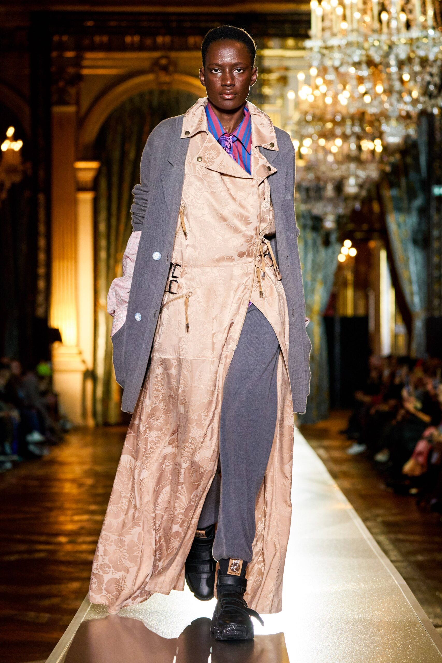 gray wool coat beige silk dress