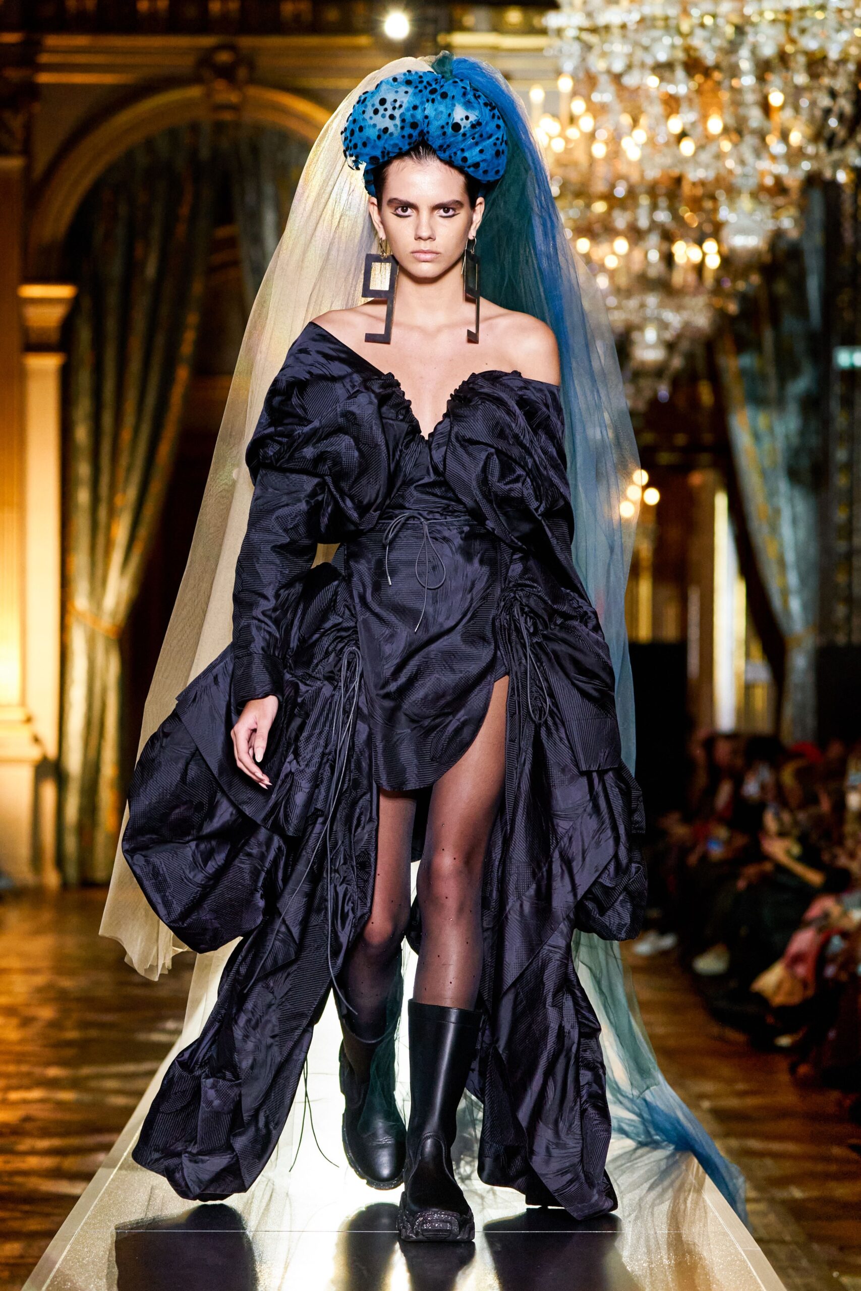 black silk off-shoulder dress