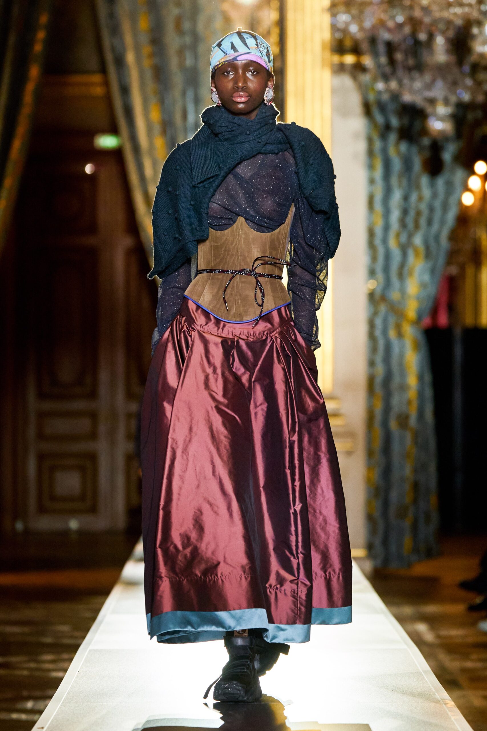 beige corset maroon midi skirt