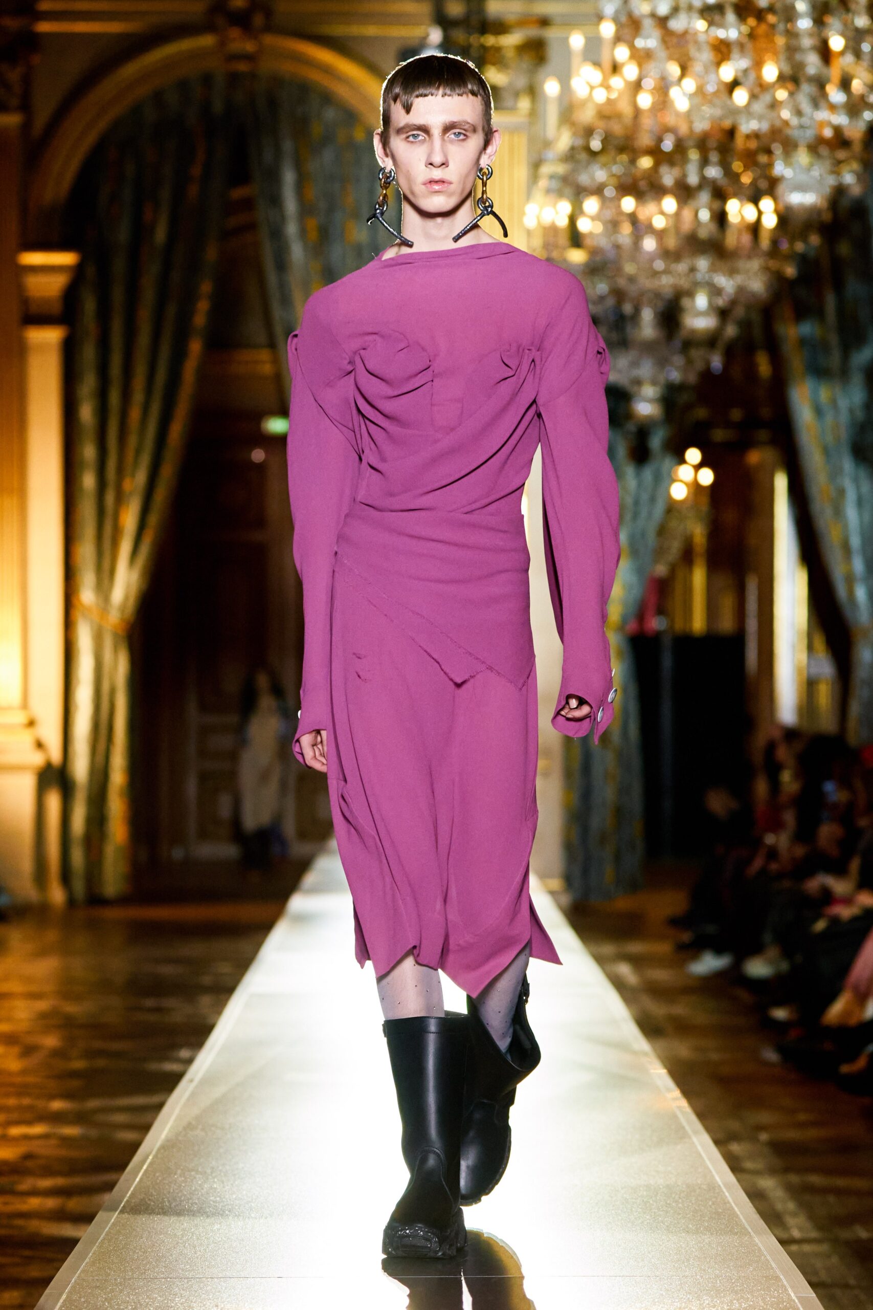 fitted purple draped dress