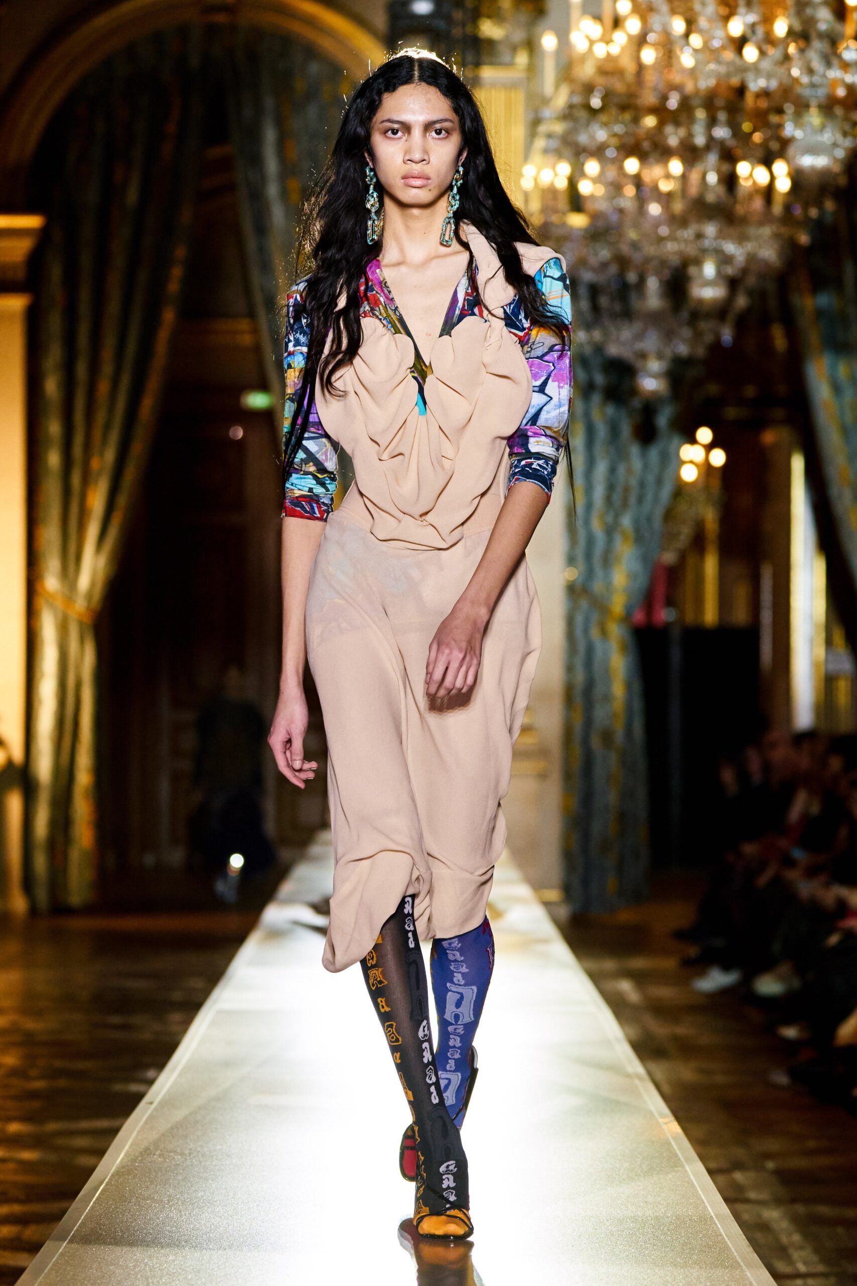 beige draped midi dress with printed pants