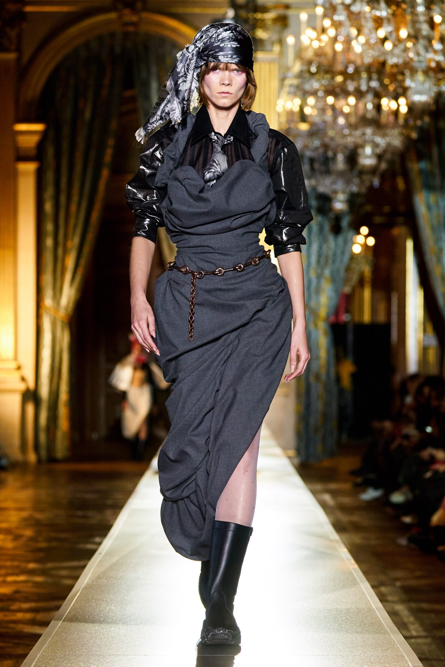 gray draped midi dress with boots