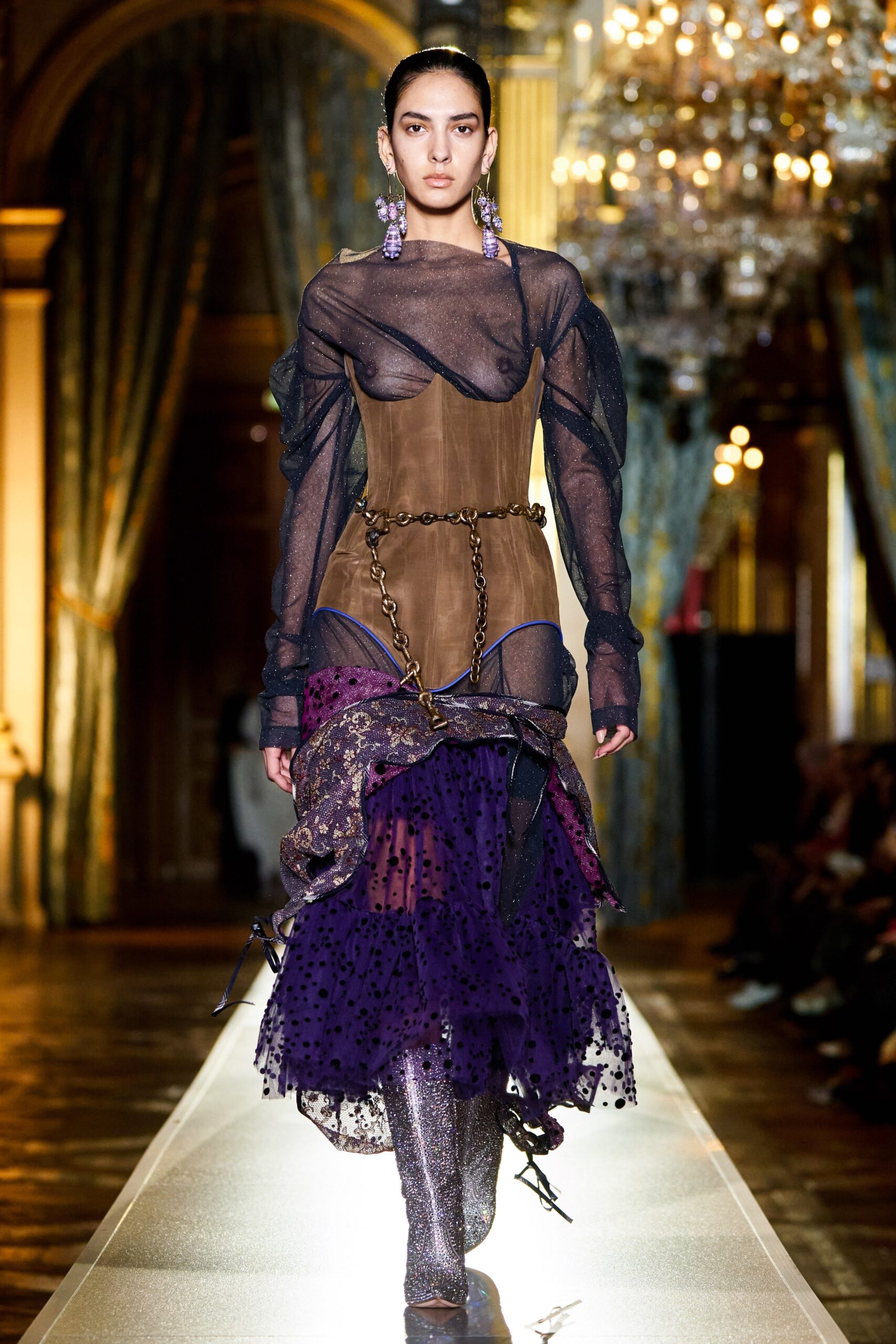 brown and purple layered dress with metallic pants