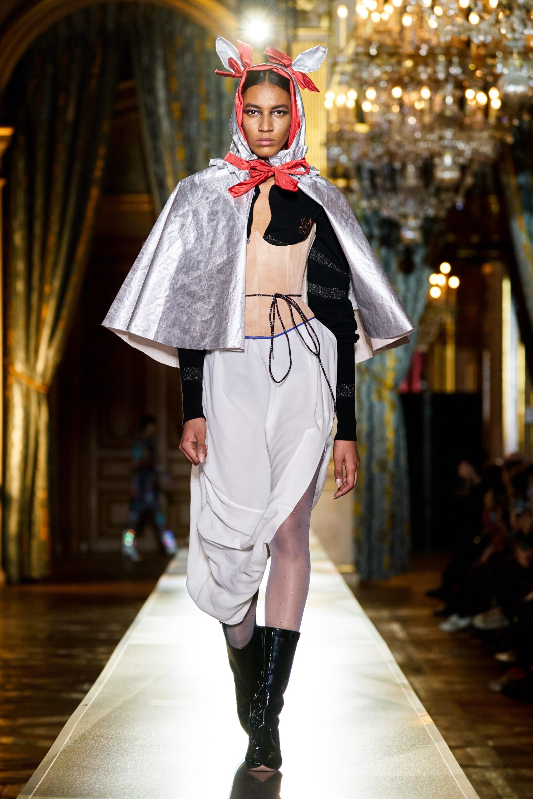 metallic cape and corset outfit