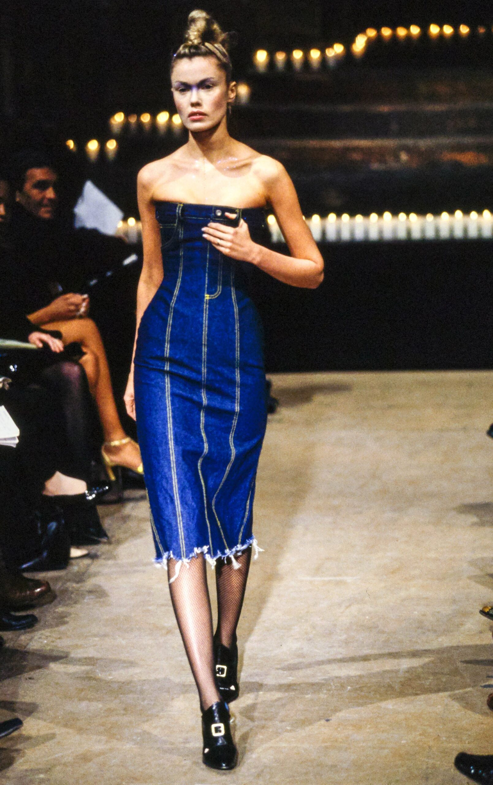 fitted blue denim strapless dress
