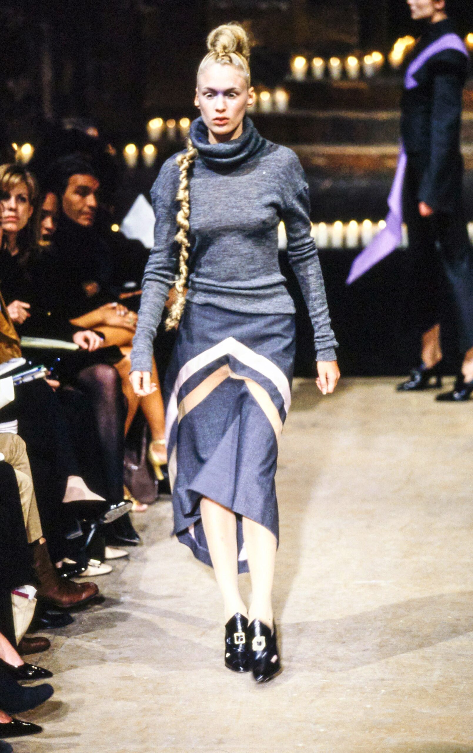 gray wool long-sleeve high-neck fitted ribbed top
