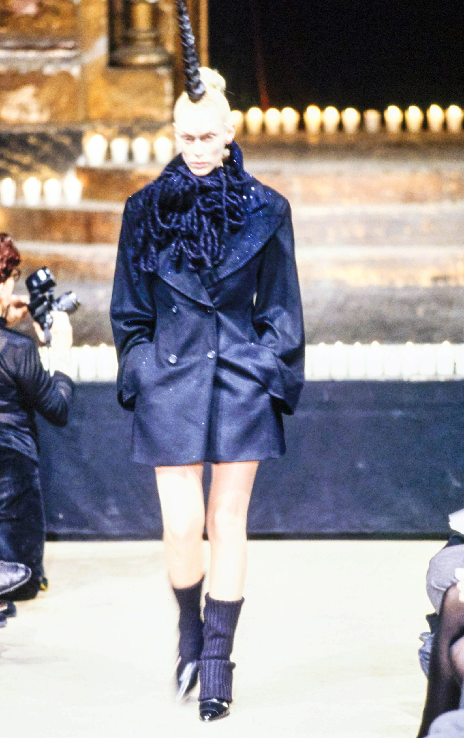 black wool long-sleeve double-breasted fitted belted coat