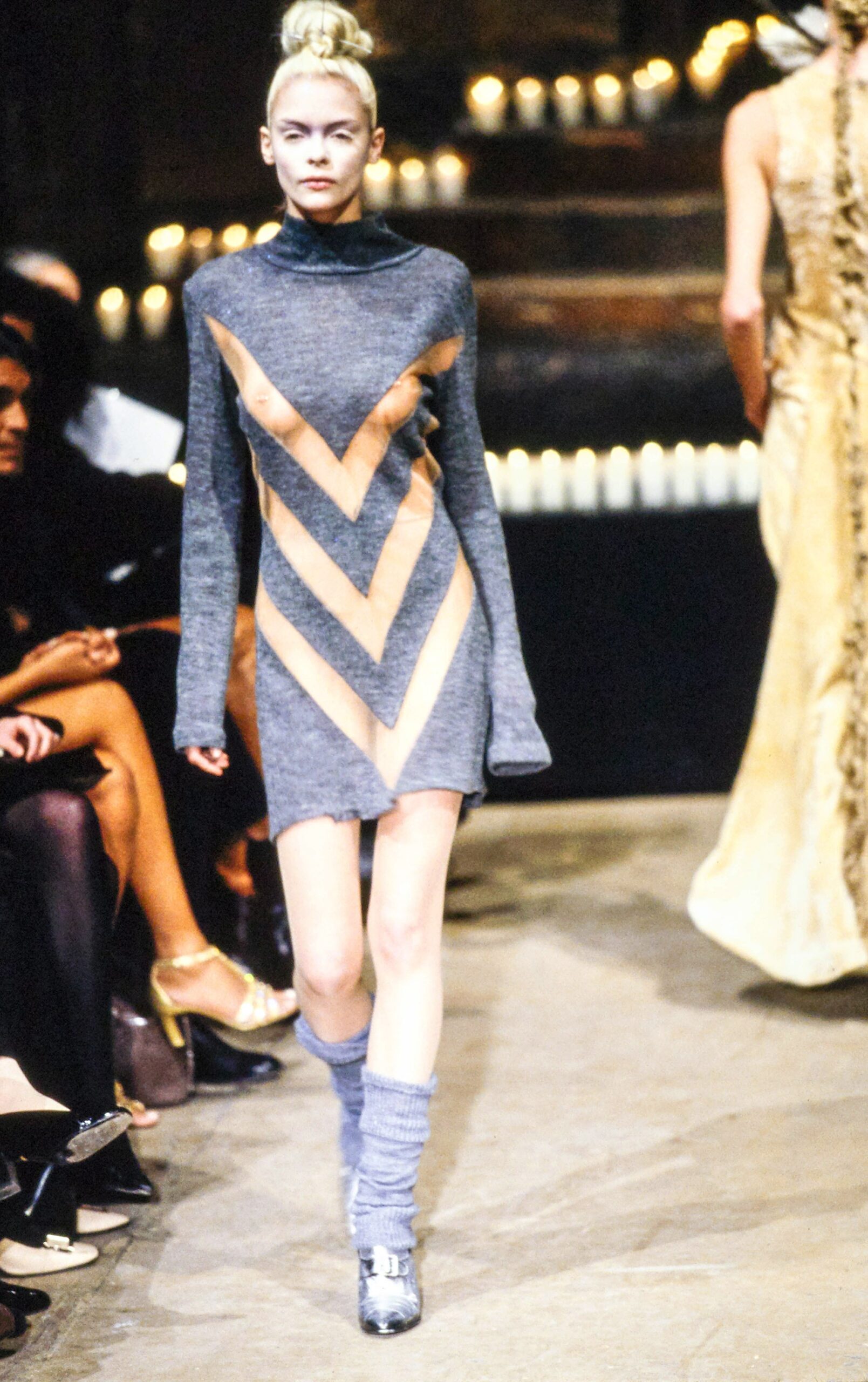 gray knit long-sleeve mini dress