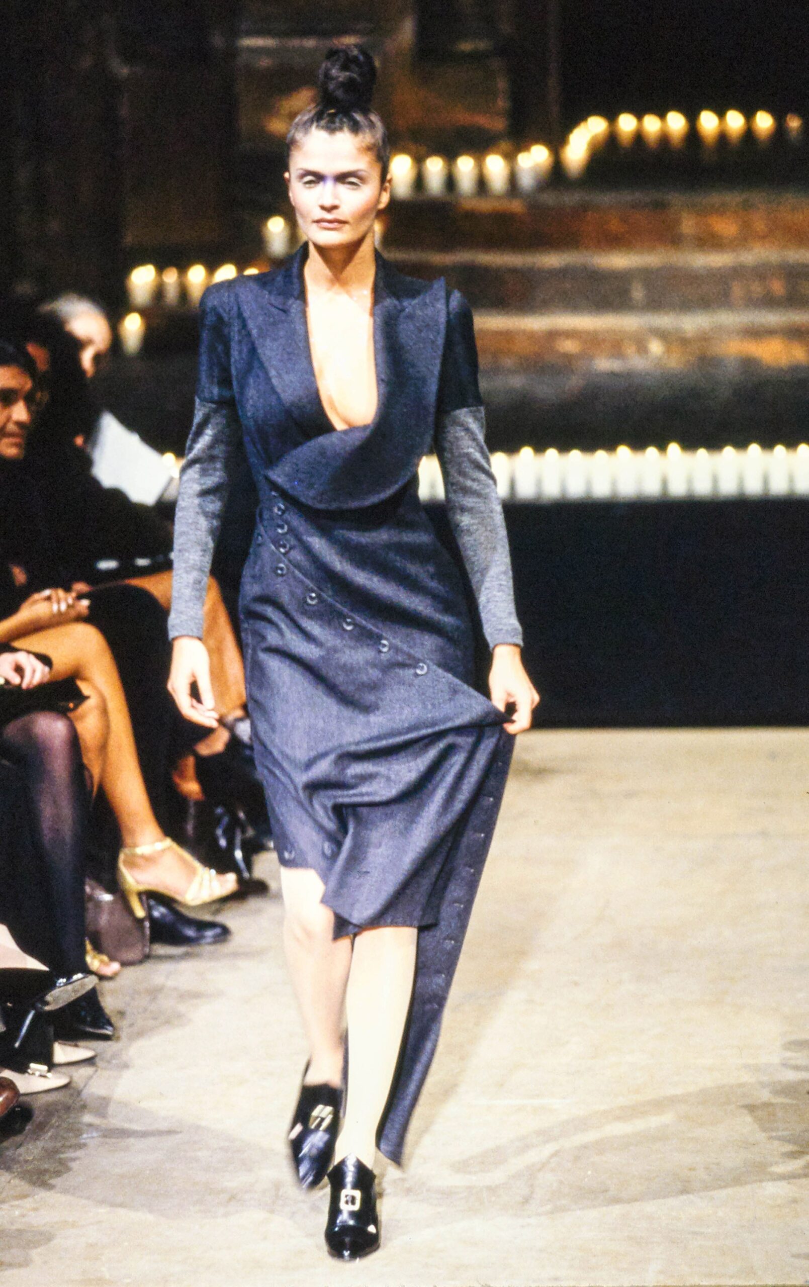 fitted gray wool asymmetric dress