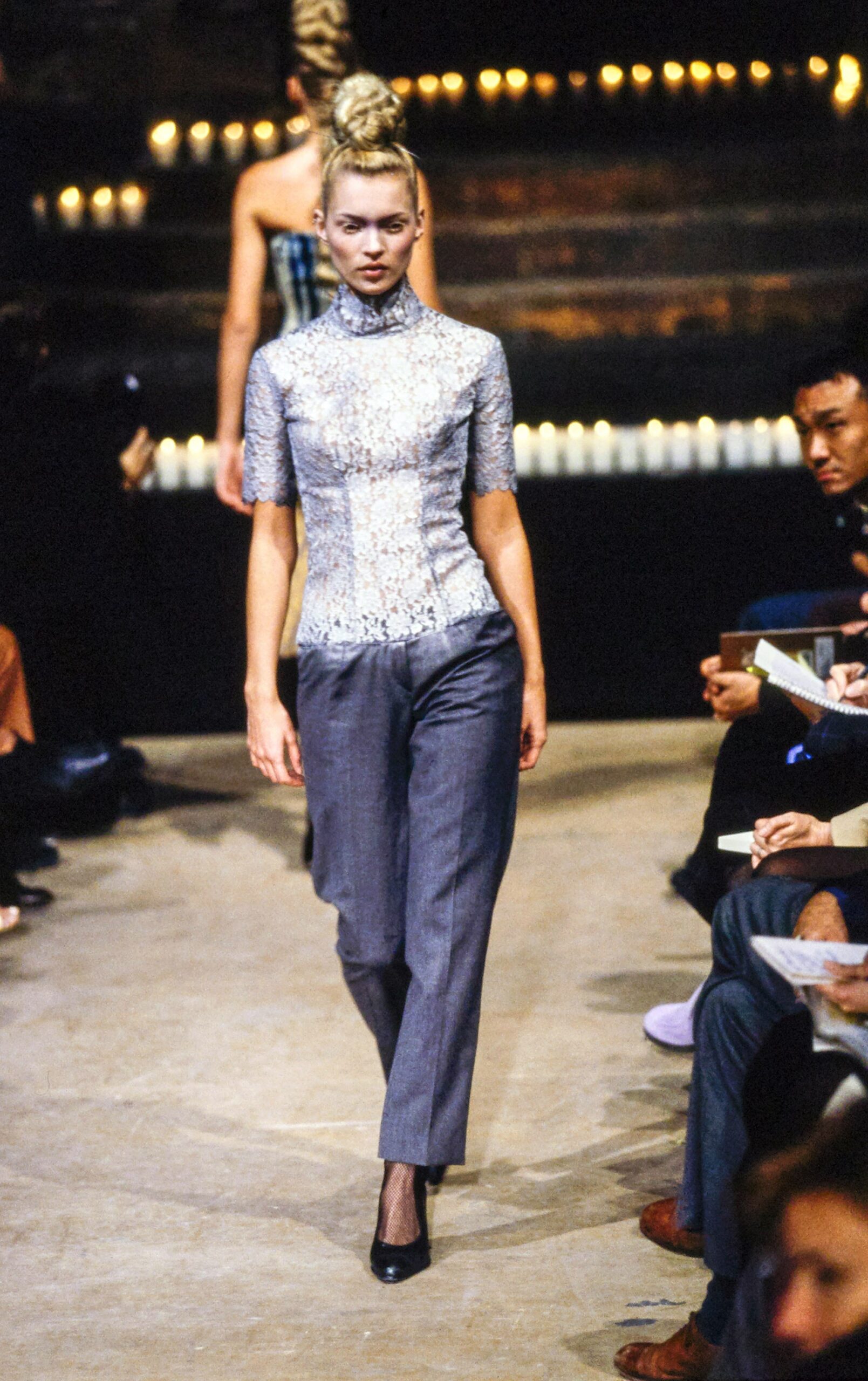 gray lace short-sleeve high-neck fitted embroidered sheer top