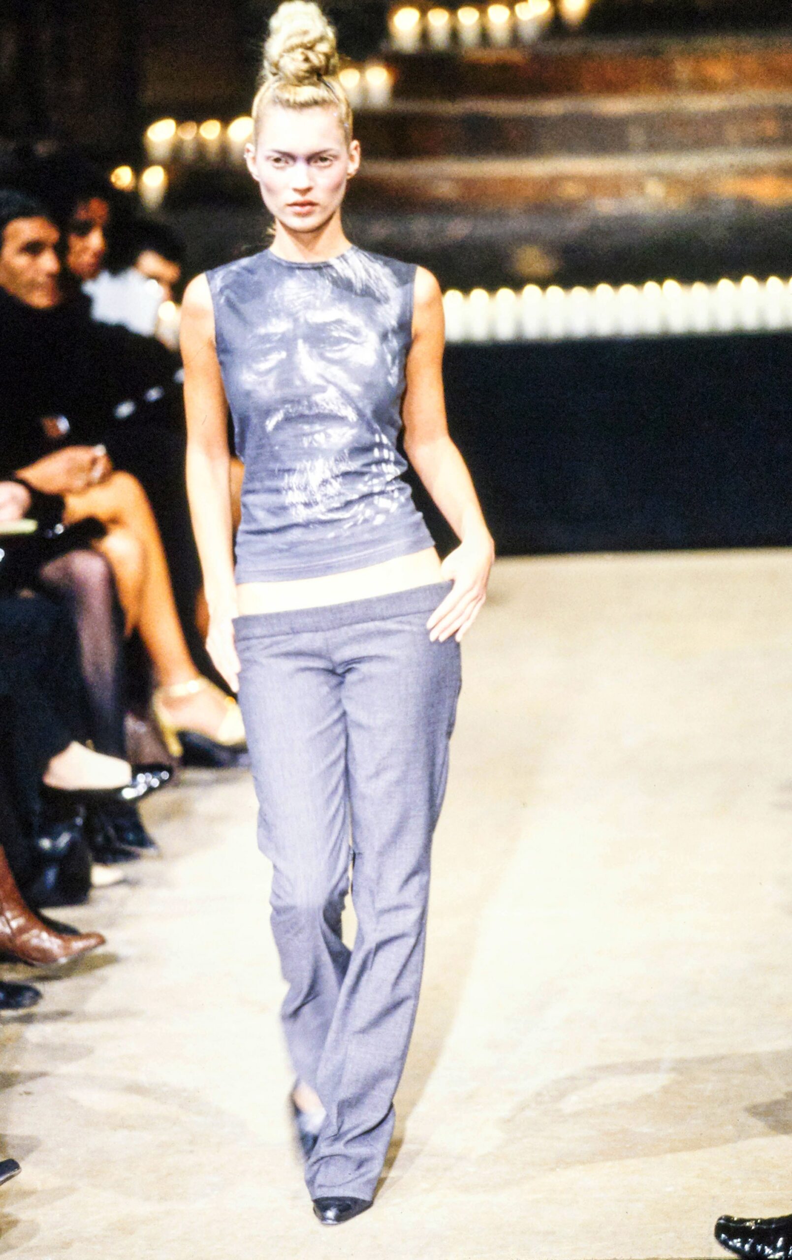 gray silk sleeveless high-neck fitted printed top