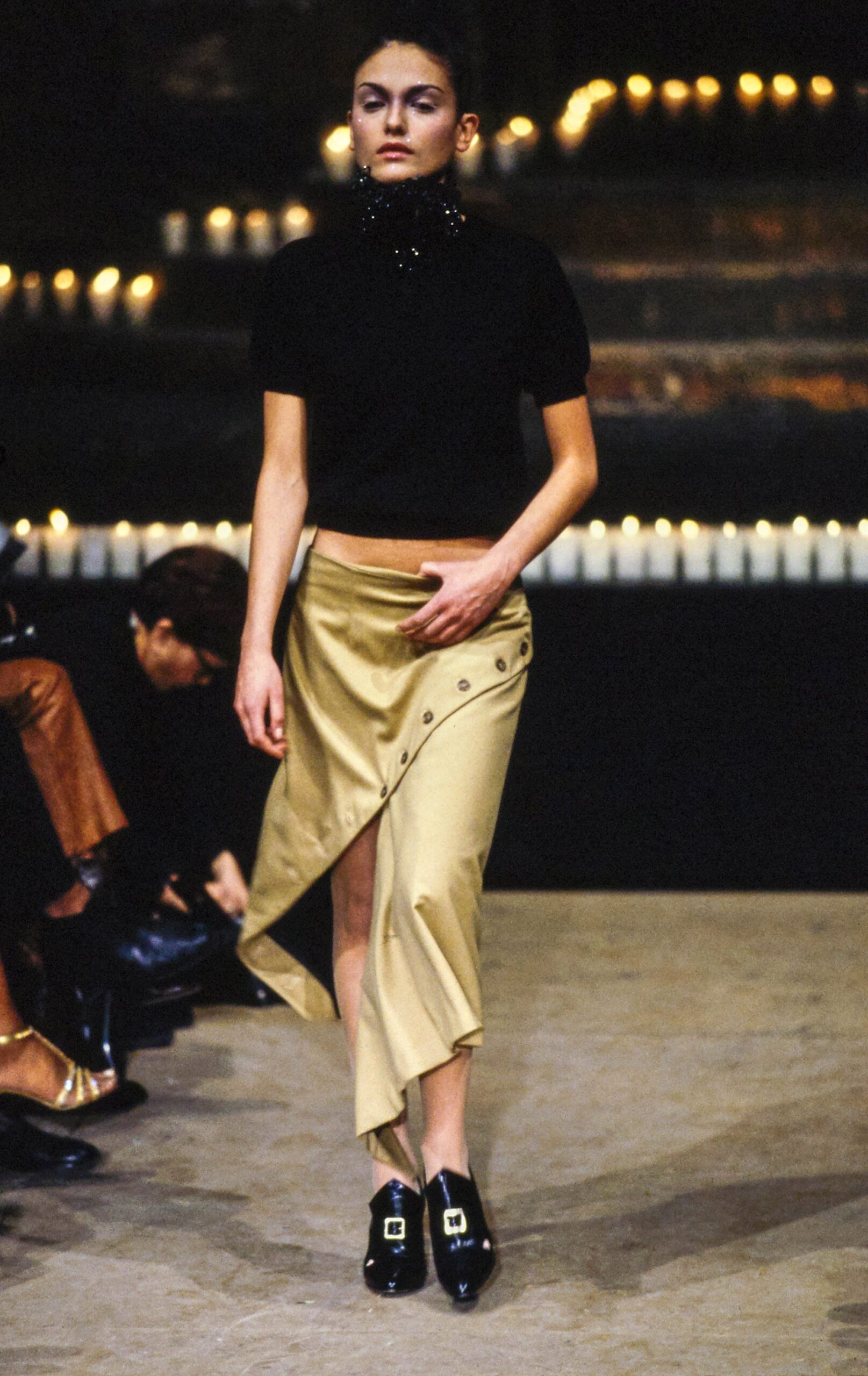gold silk asymmetric fitted buttoned midi skirt