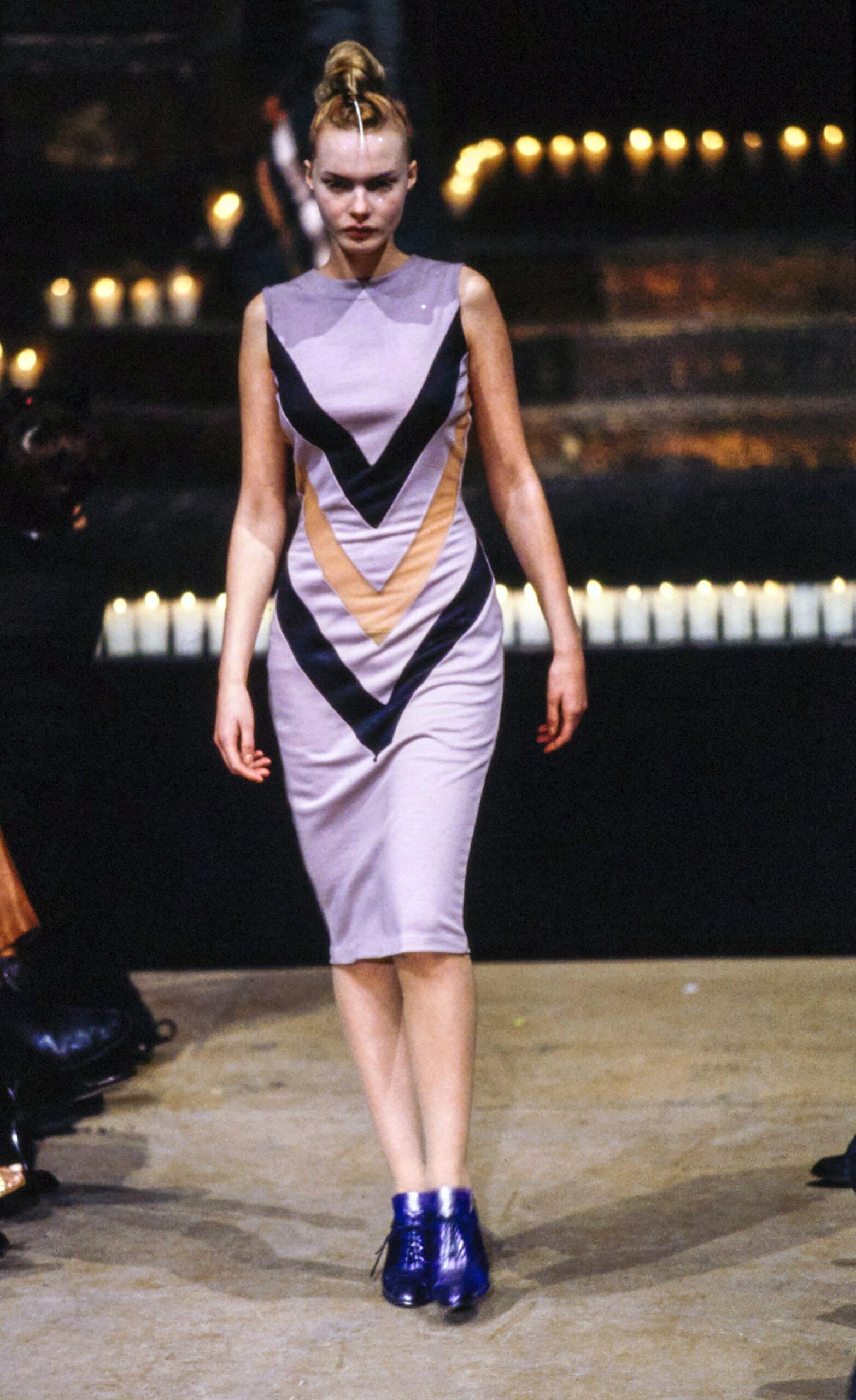 purple sleeveless high-neck fitted color-blocked midi dress