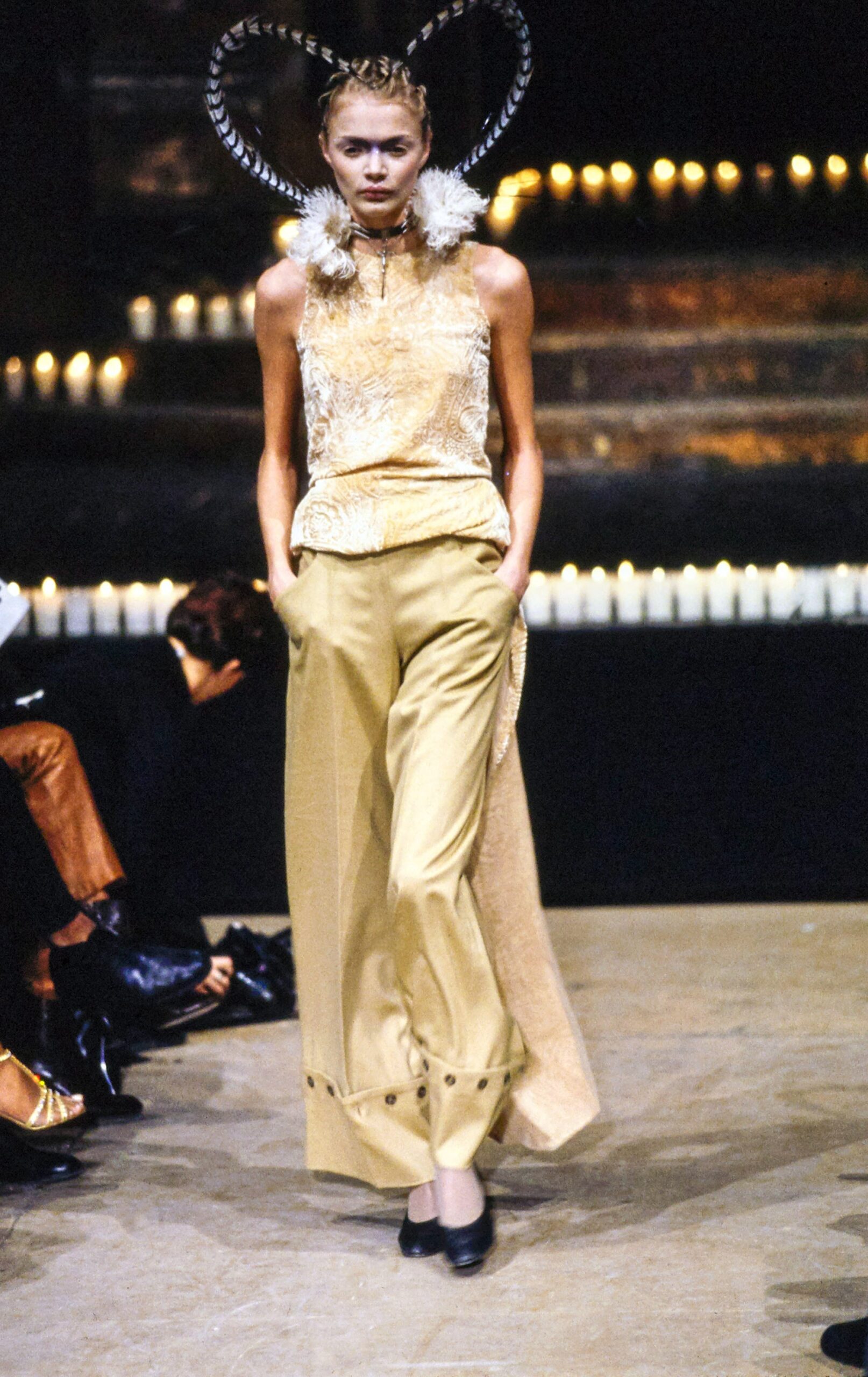 beige silk sleeveless high-neck fitted embroidered top