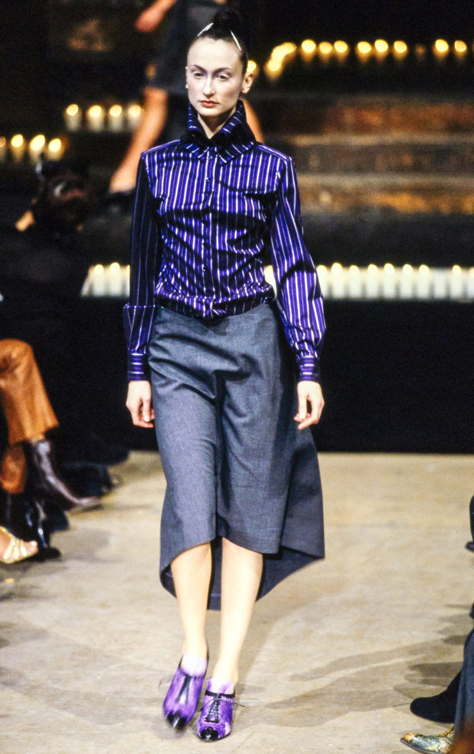 purple long-sleeve collared fitted striped shirt