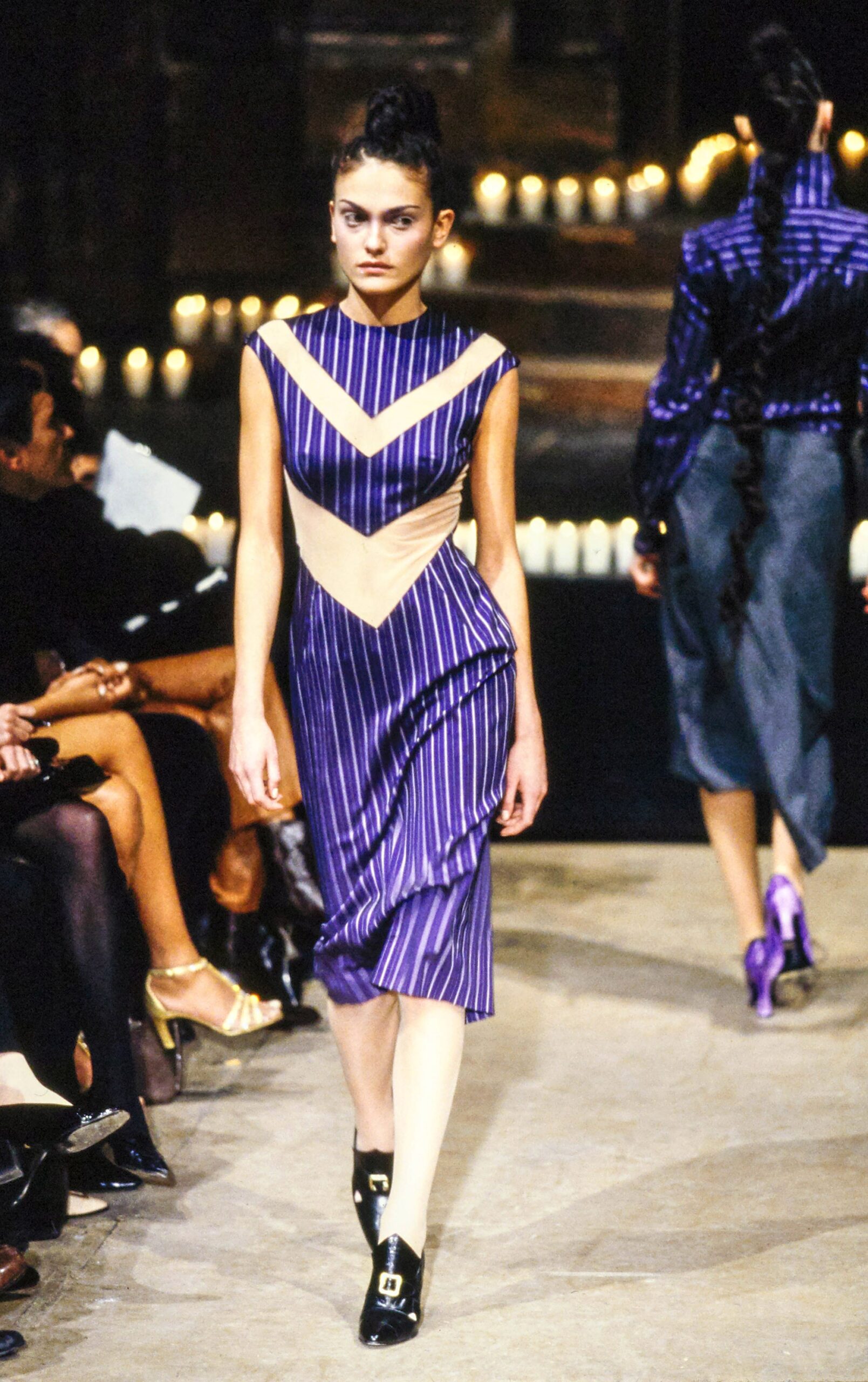 fitted purple striped midi dress