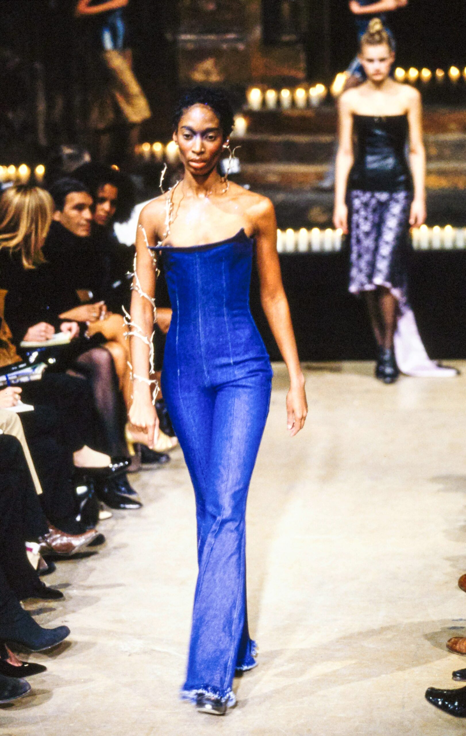 blue denim fitted jumpsuit