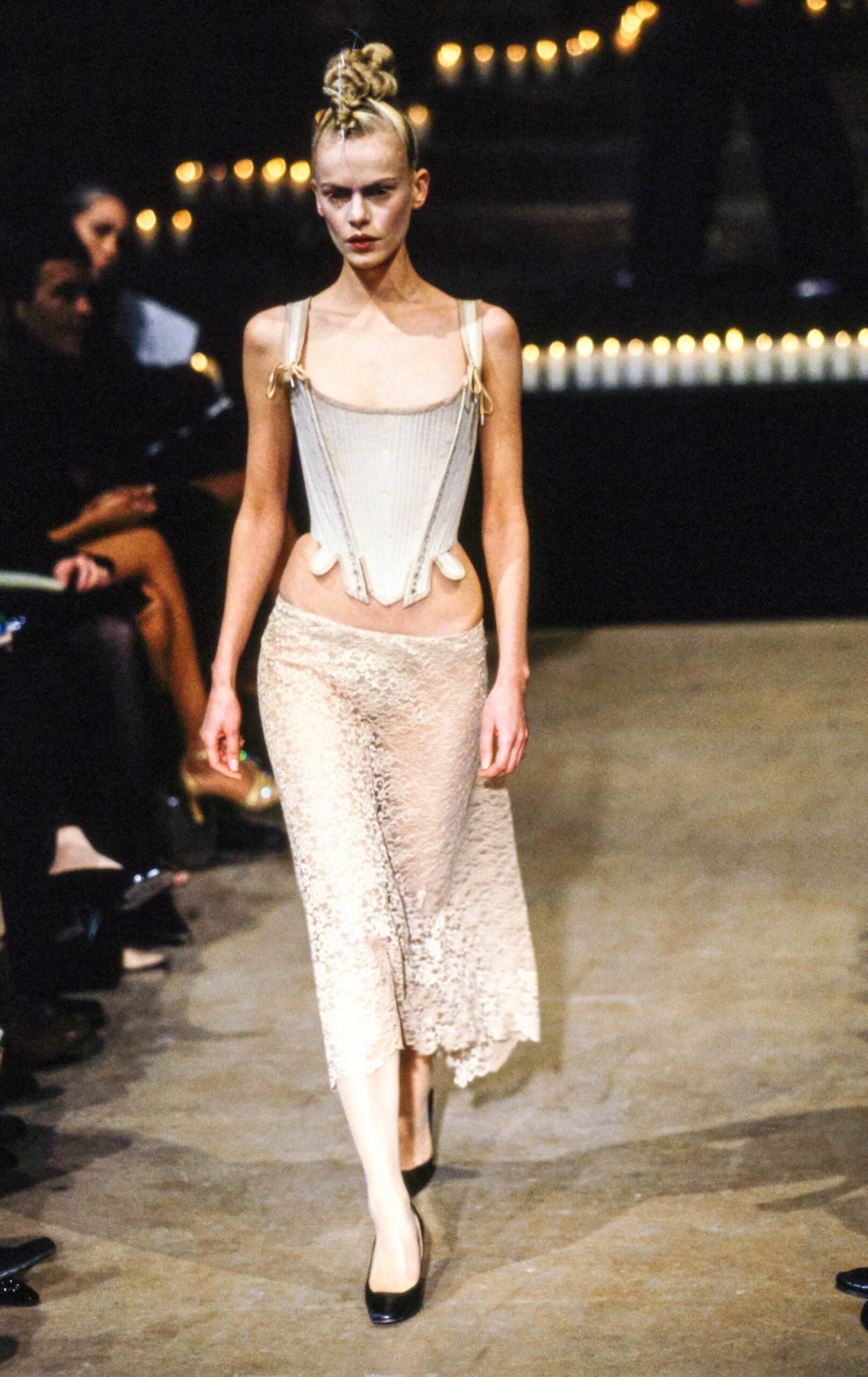 white silk corset and beige lace skirt