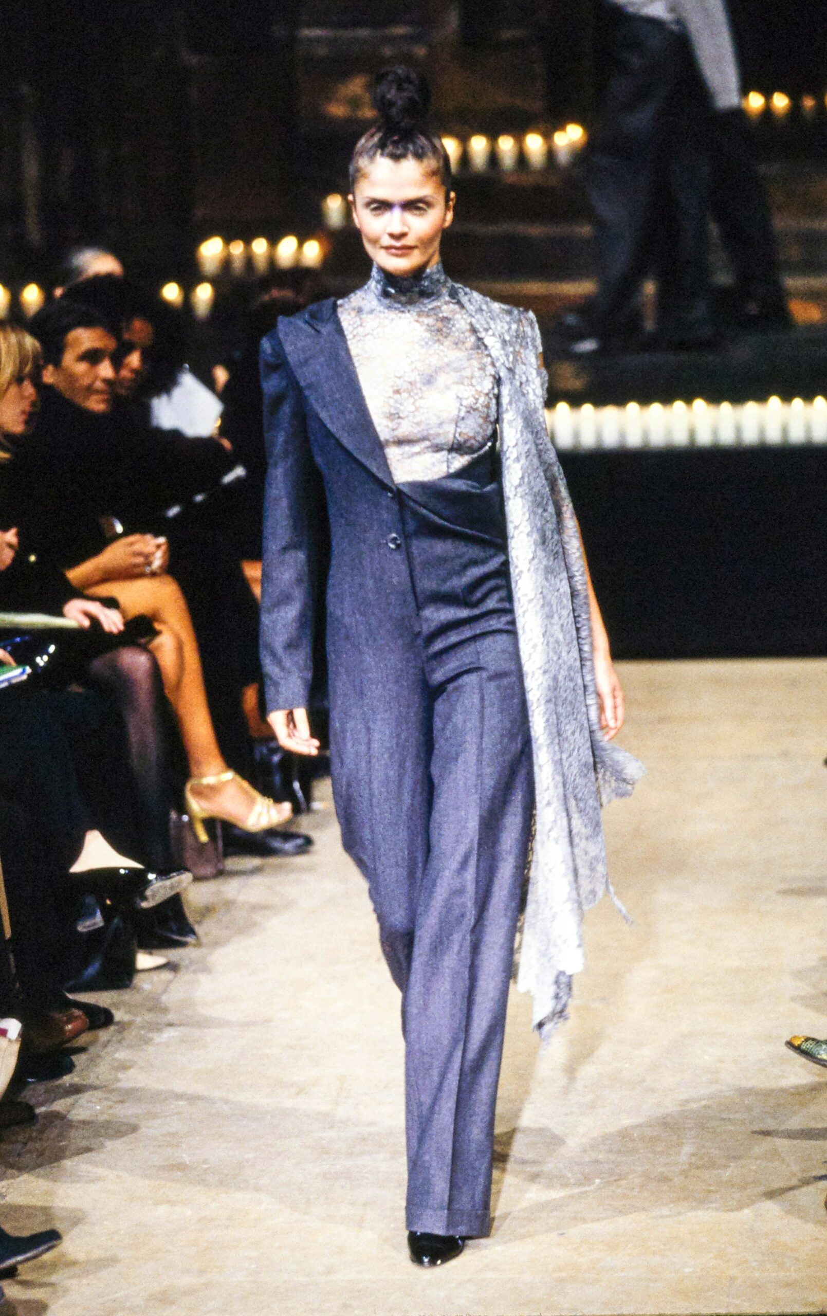 gray tailored suit with scarf