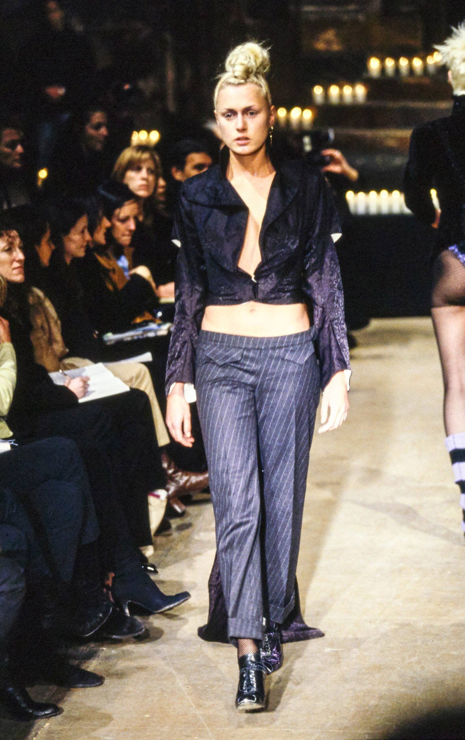 fitted black purple blazer with slim gray pants