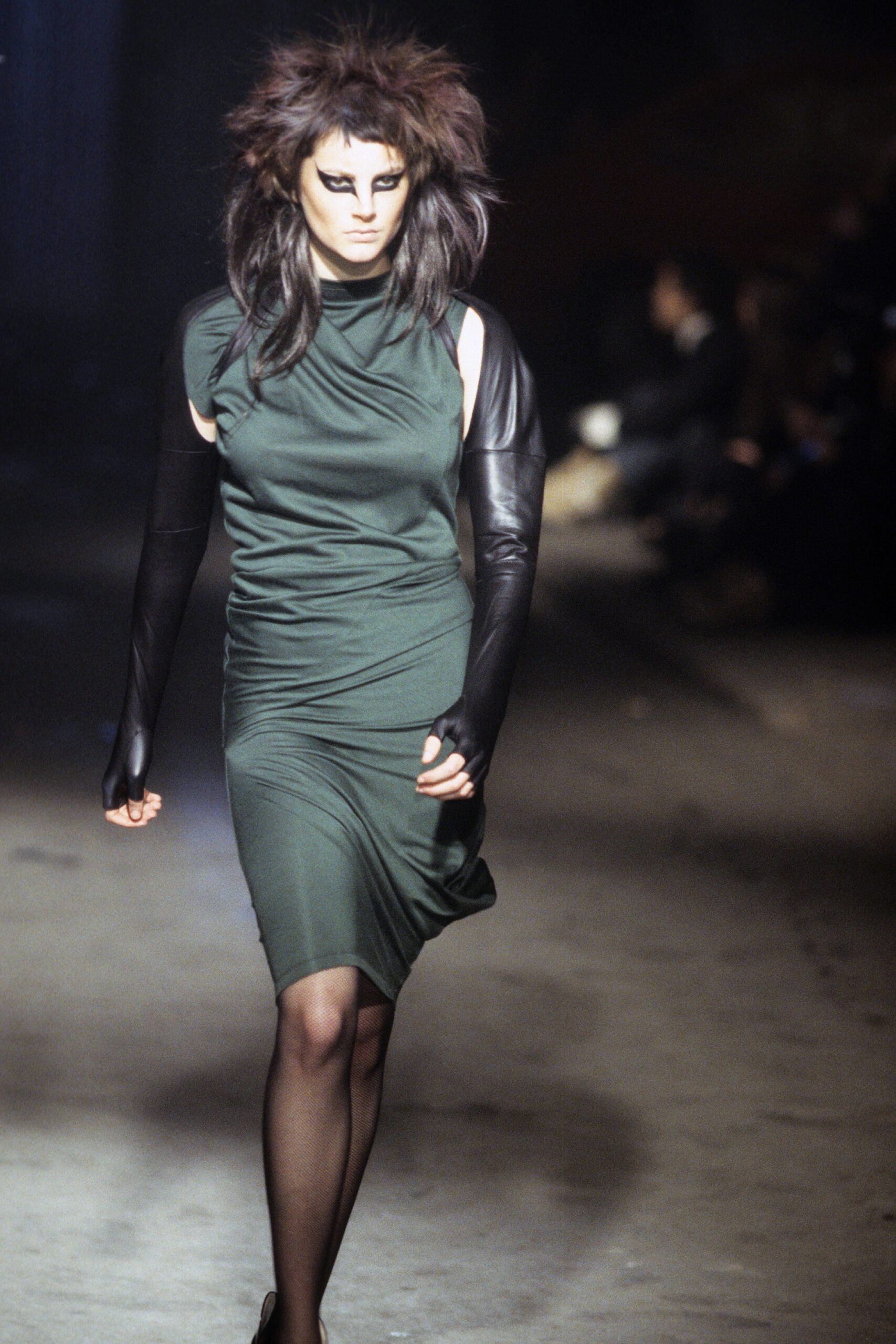 green cotton sleeveless high-neck fitted straight-leg midi dress