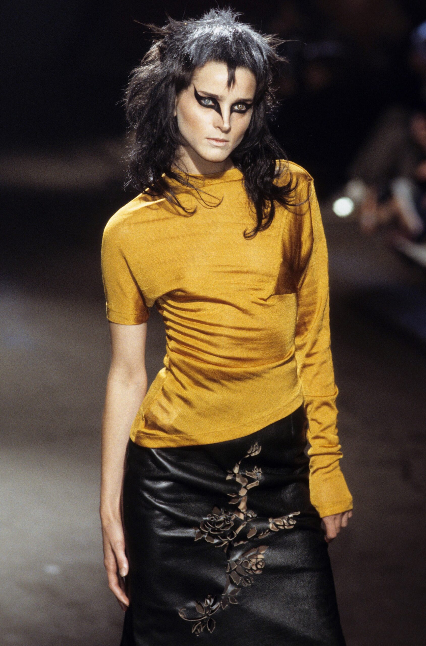 yellow cotton long-sleeve high-neck fitted ruched top