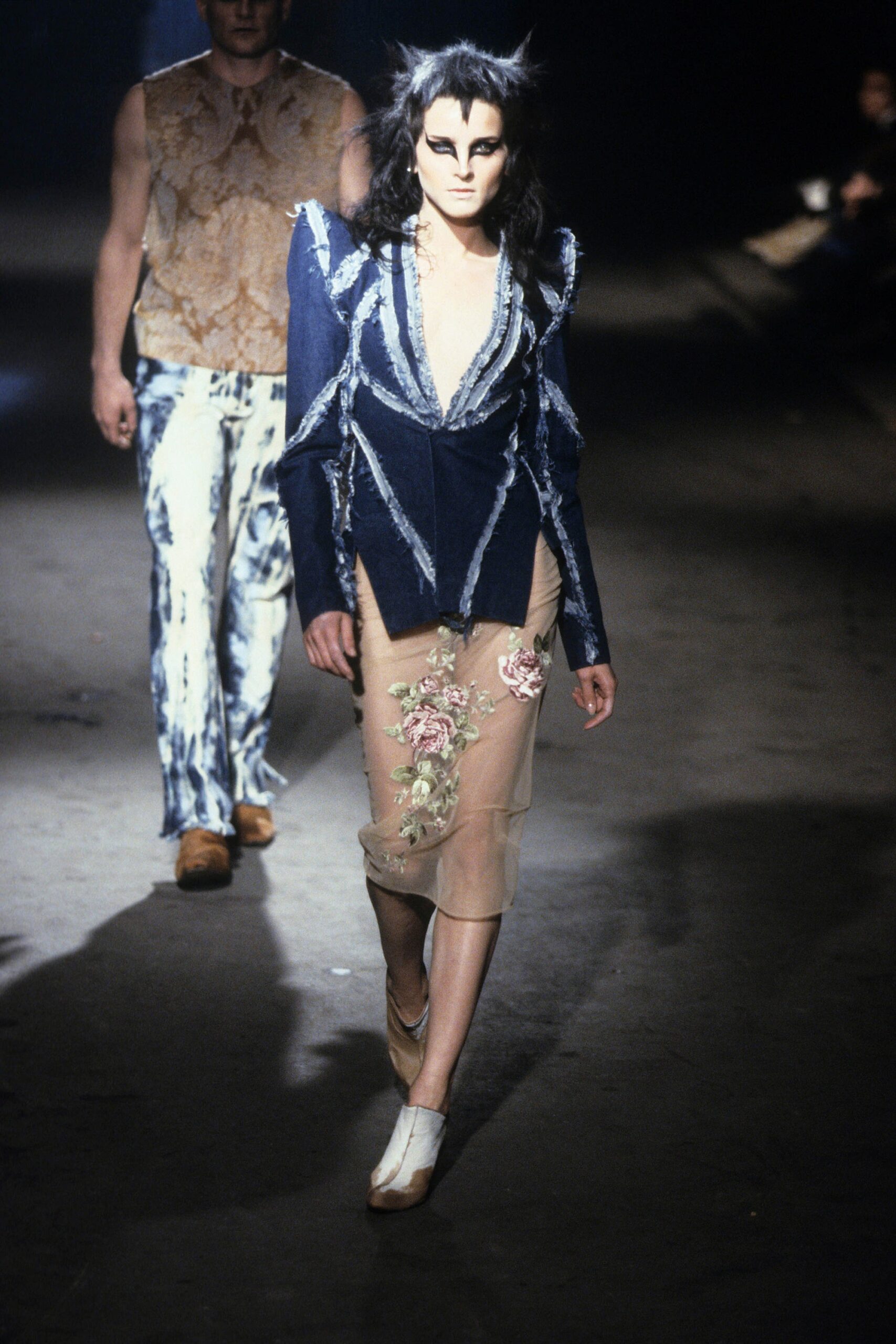 blue silk fitted blazer and beige sheer skirt