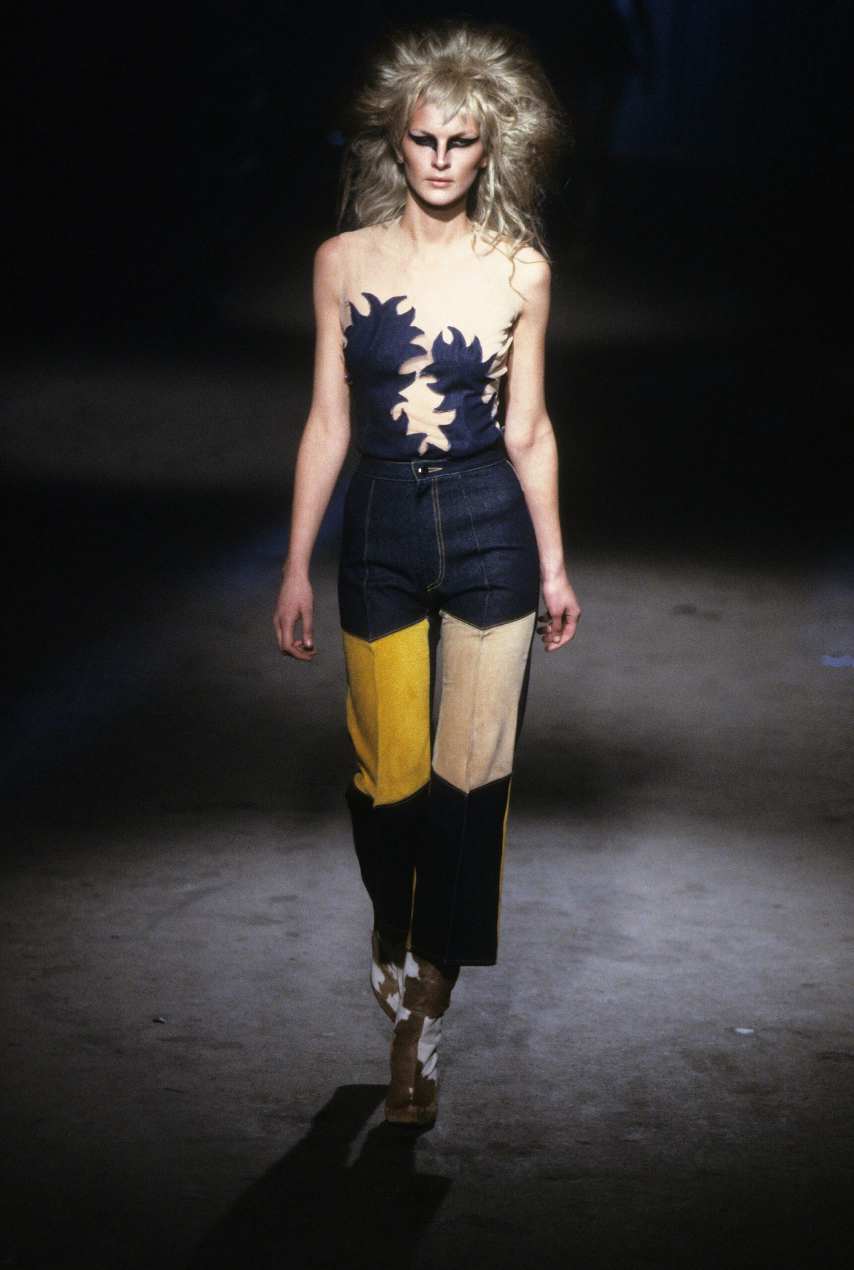 blue denim fitted color-blocked pants