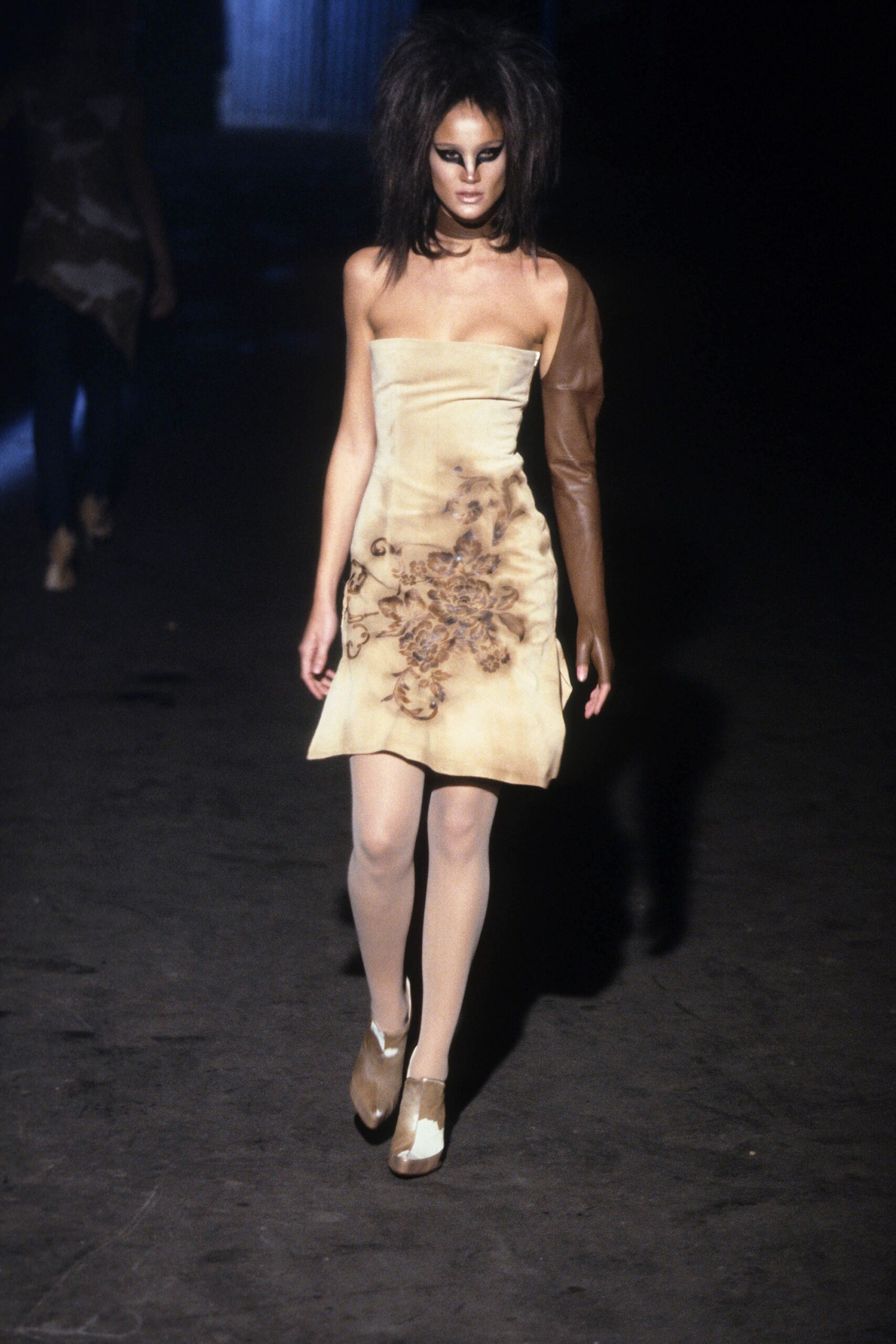 beige silk strapless mini dress