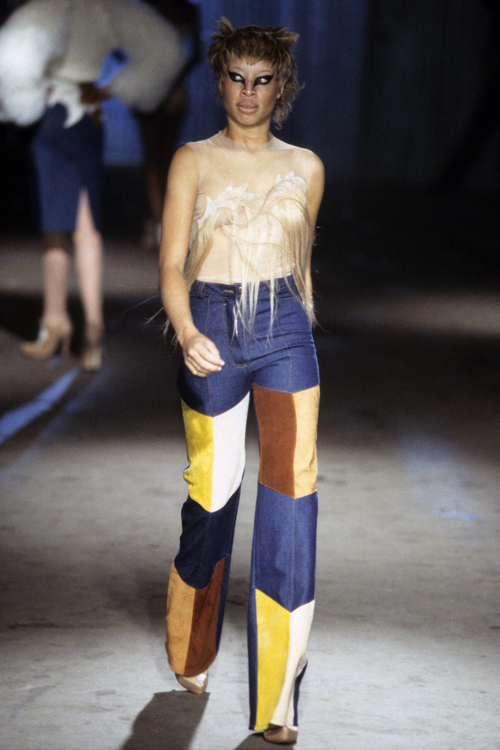 blue denim long-sleeve fitted wide-leg color-blocked pants