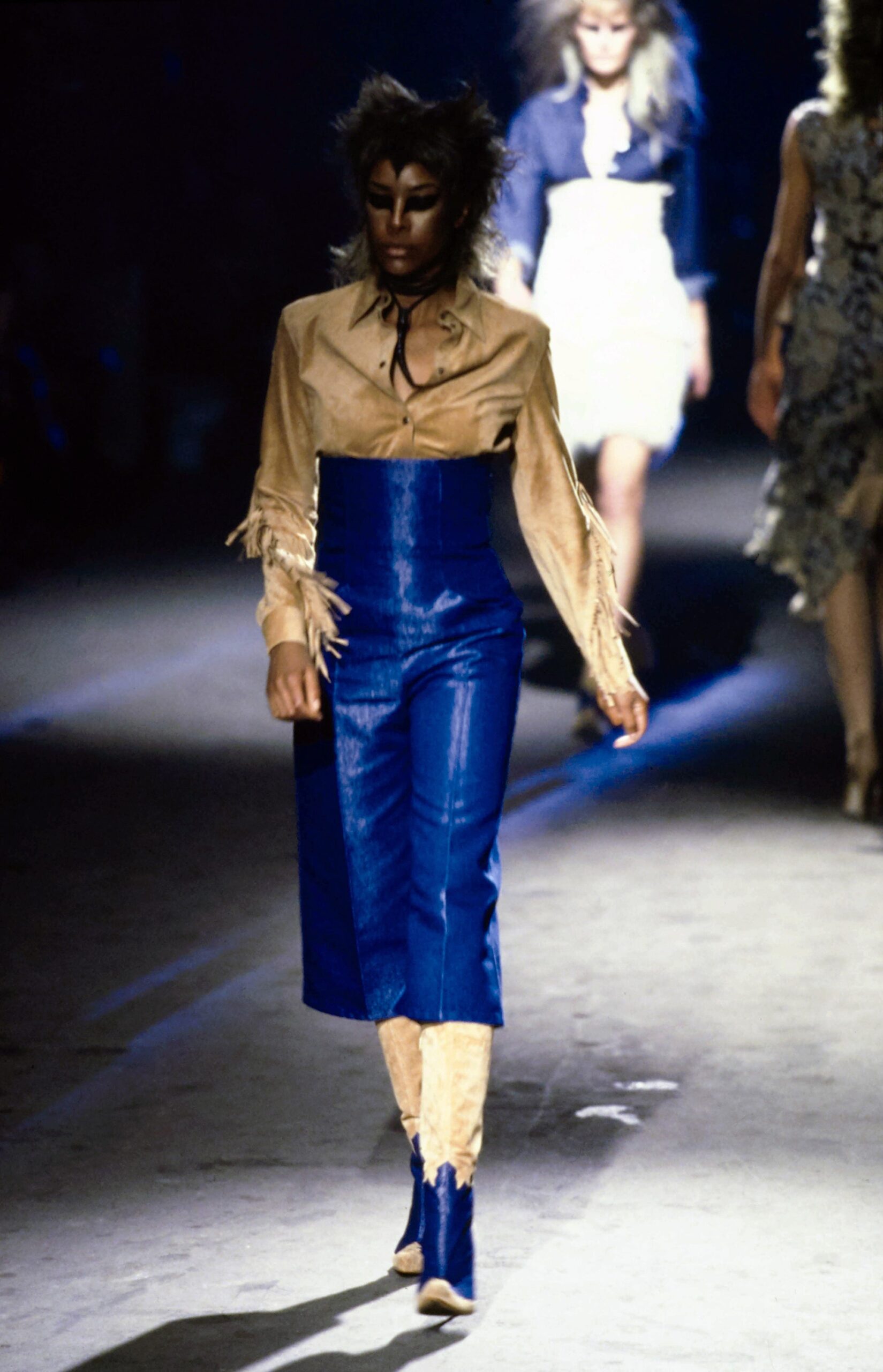 blue vinyl fitted straight-leg pants