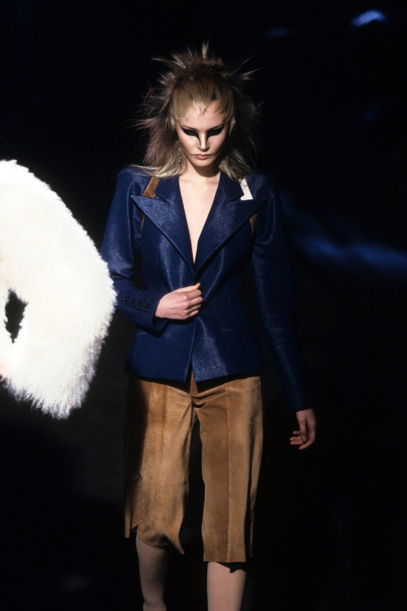 blue leather long-sleeve v-neck fitted structured jacket