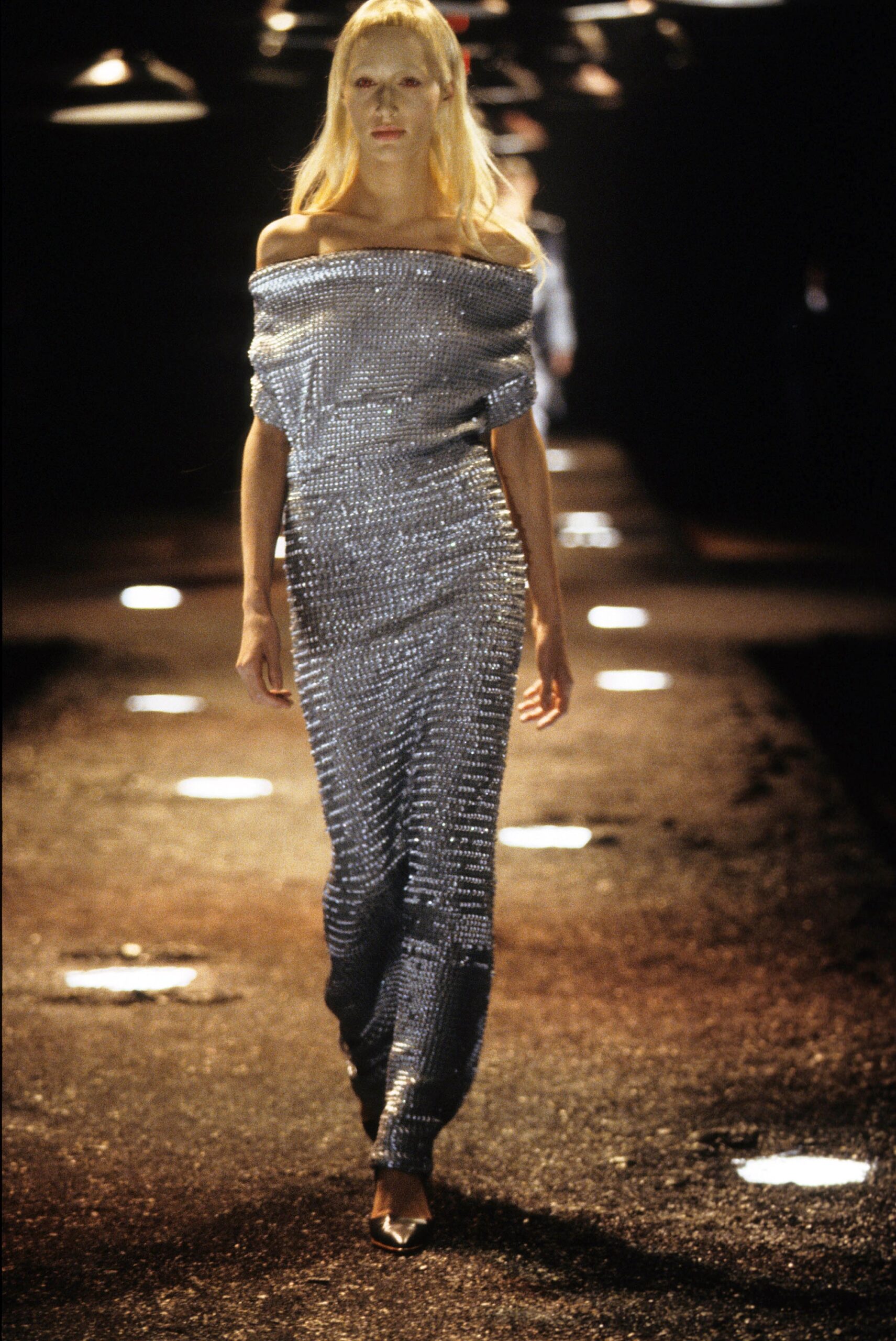 silver off-shoulder fitted gown