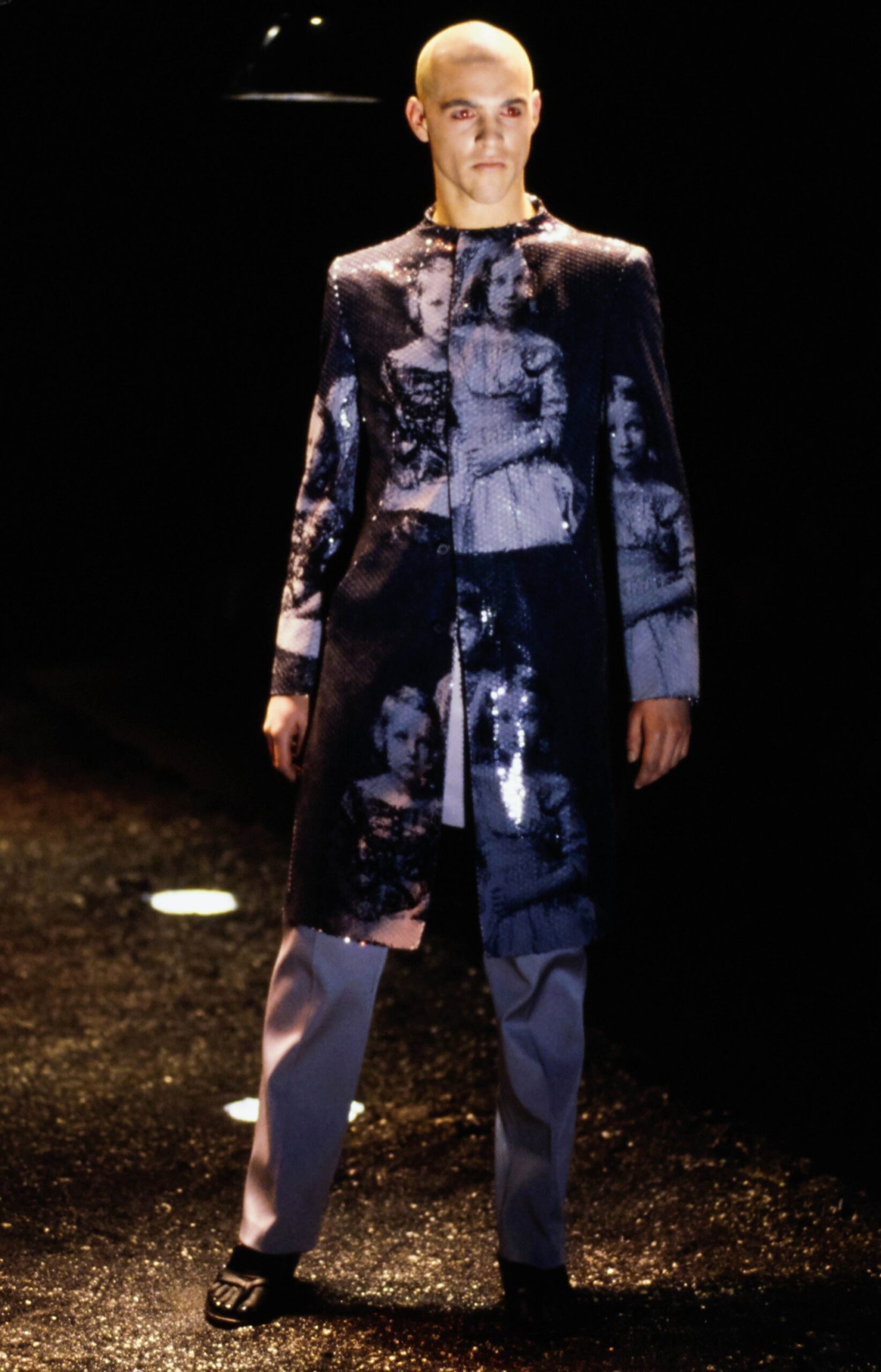 black sequin coat with printed design