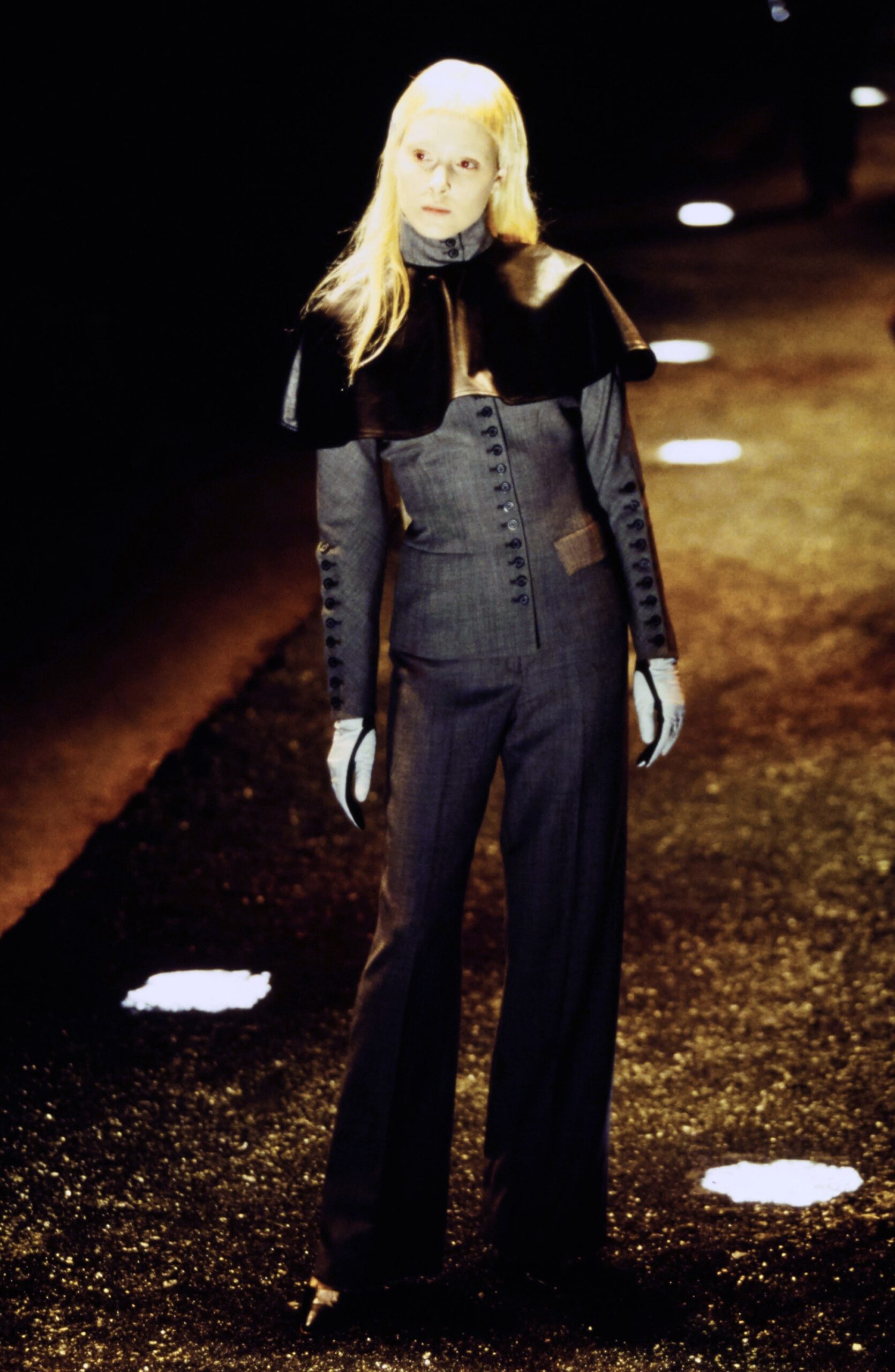 black leather jacket gray tailored pants