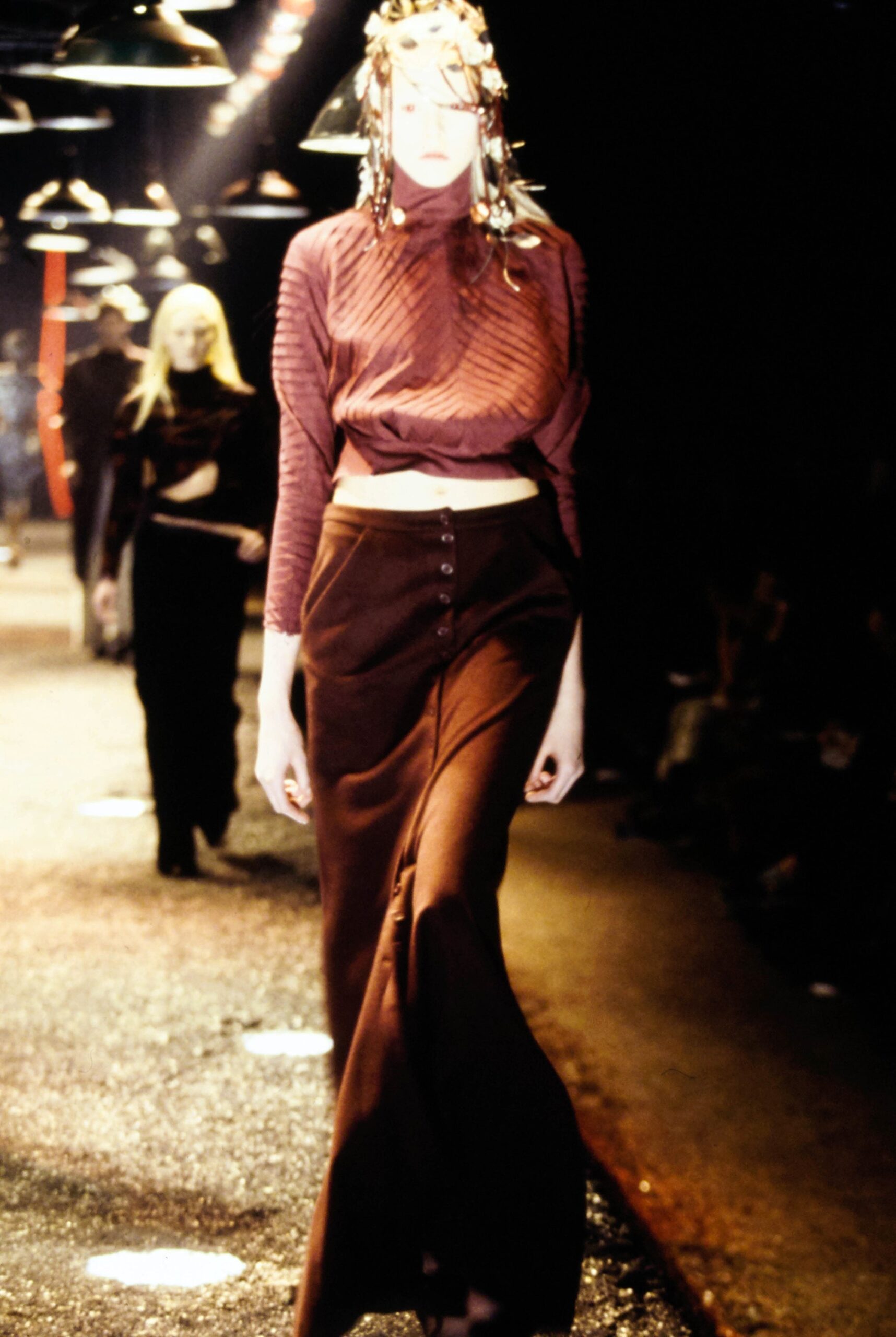 maroon silk fitted top and skirt