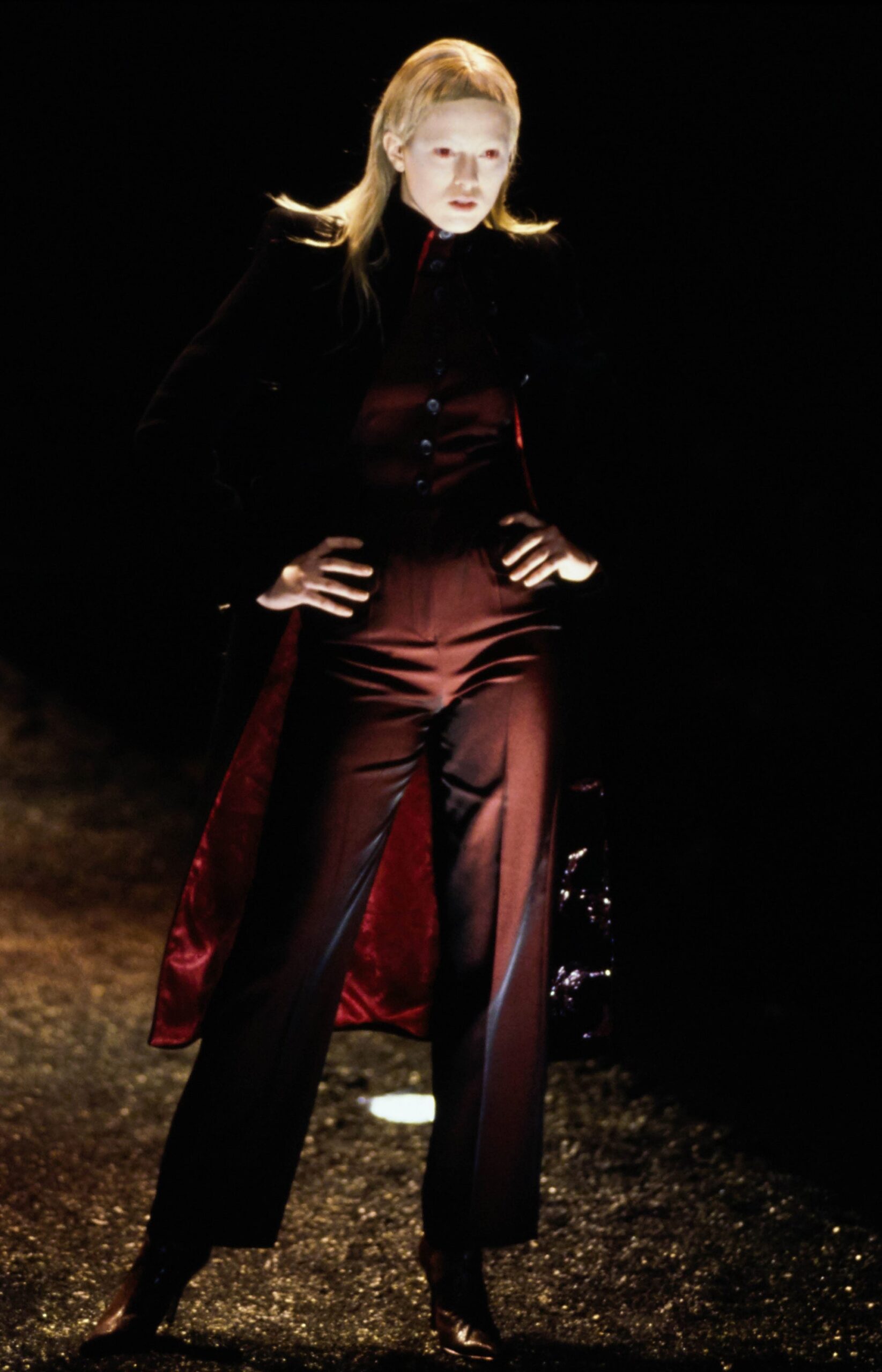 black silk fitted jacket and pants