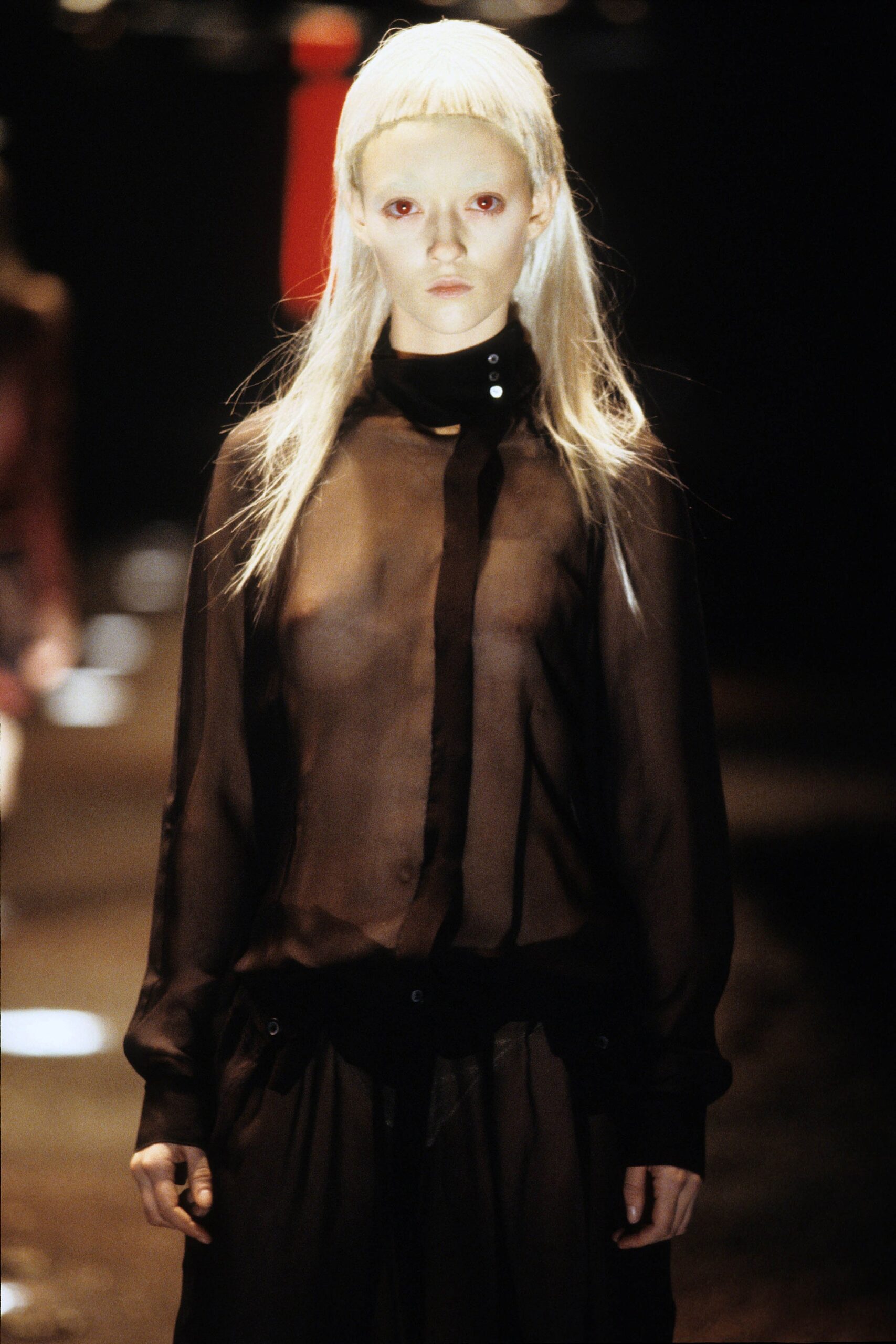 black sheer blouse and skirt