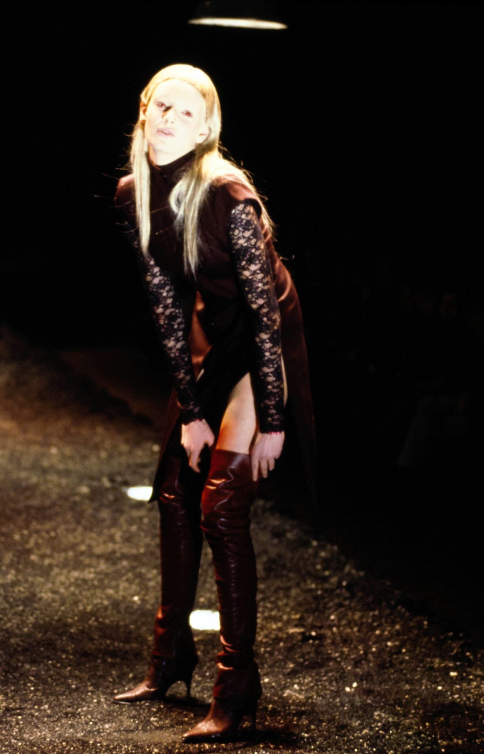 black silk asymmetric mini dress with brown boots