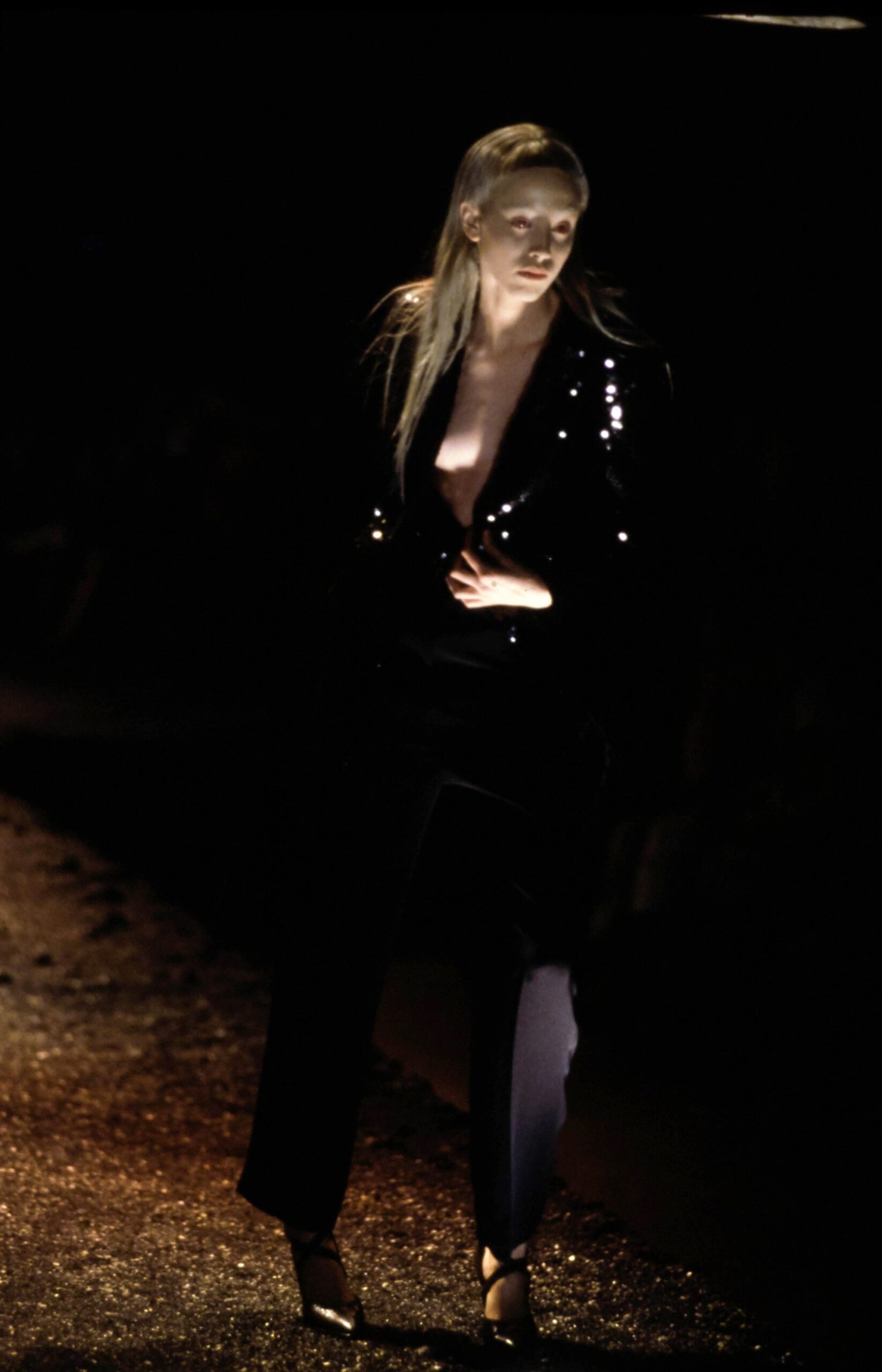 black sequined blazer with tailored pants