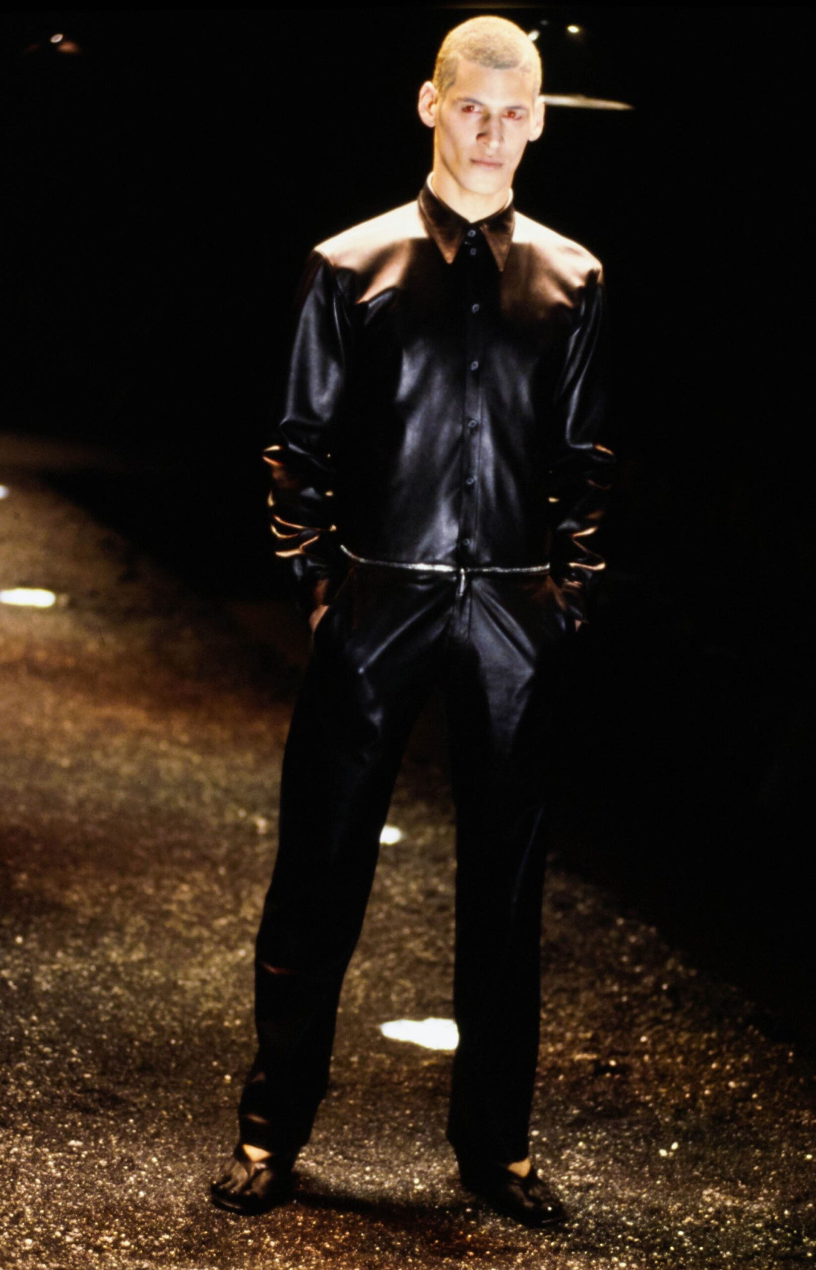 black leather fitted shirt and pants