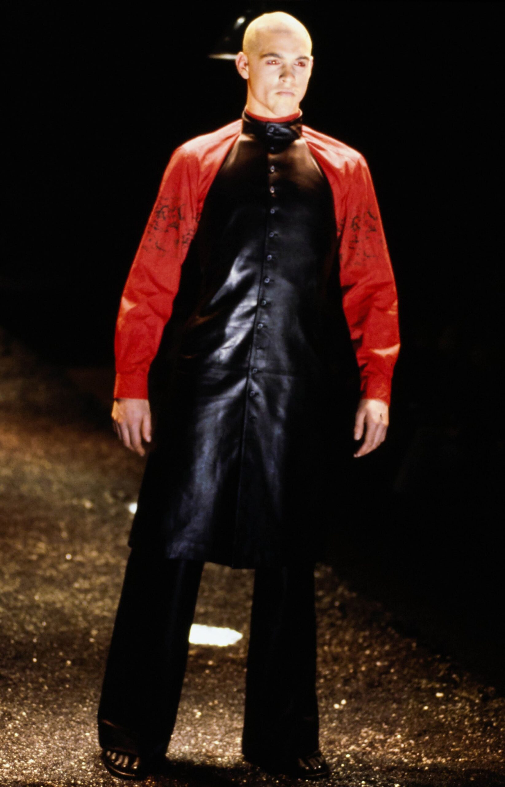 black leather coat with red shirt