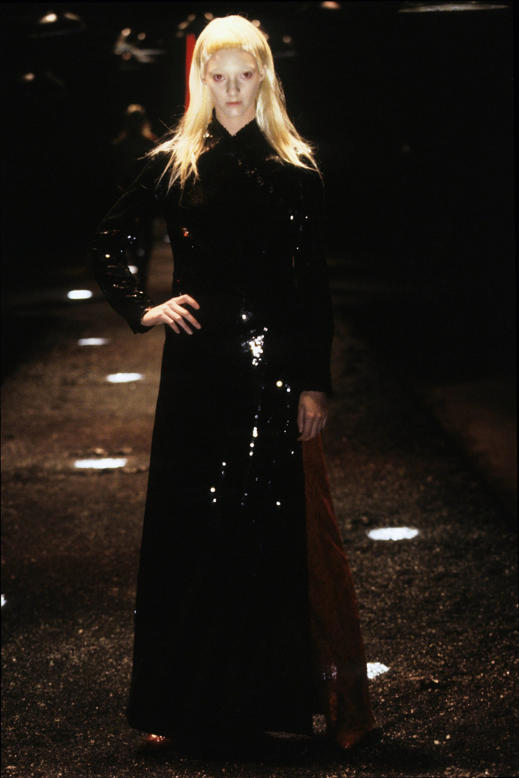 black sequined long-sleeve gown