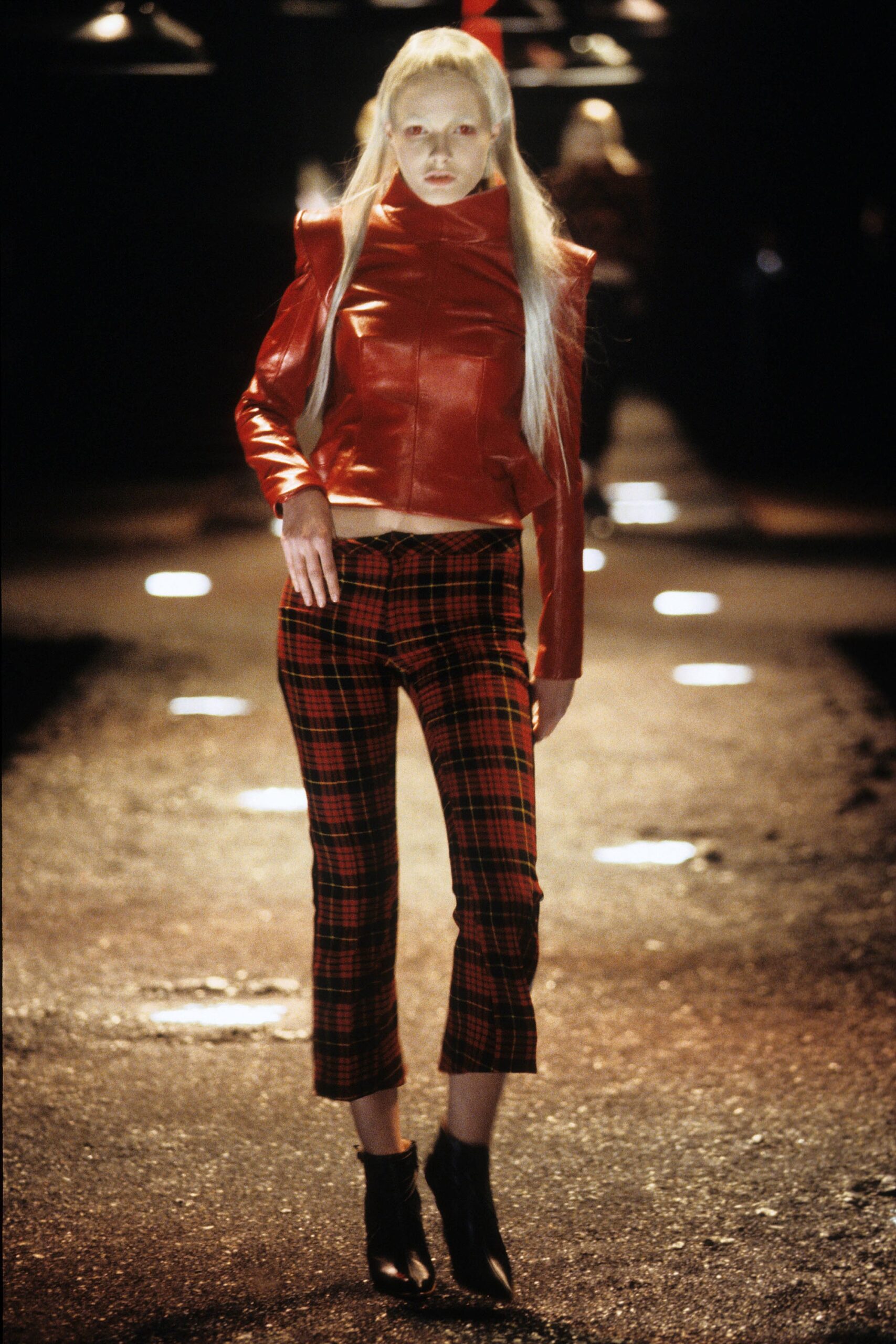 red leather fitted jacket with checked pants