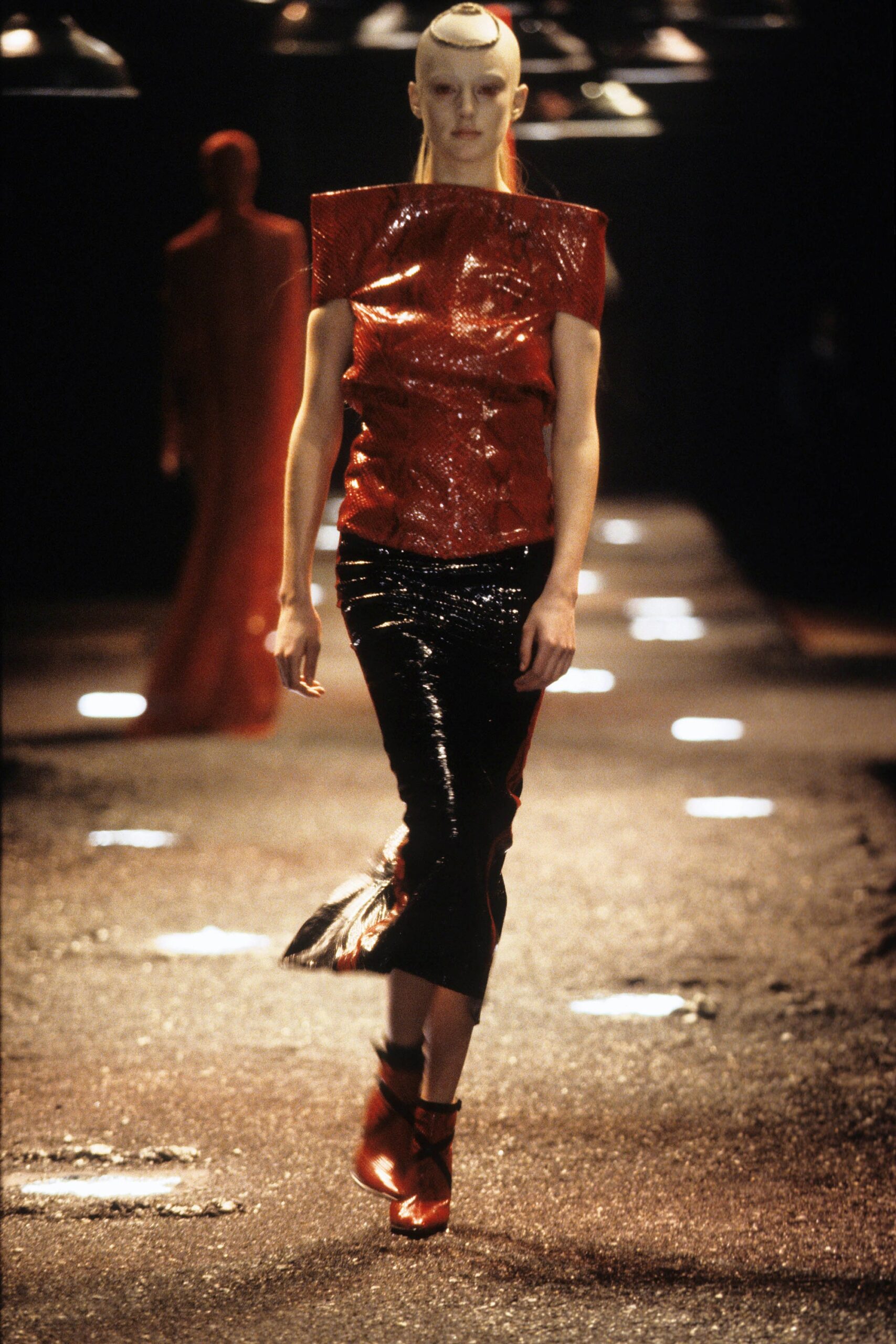 red vinyl fitted top and black pencil skirt